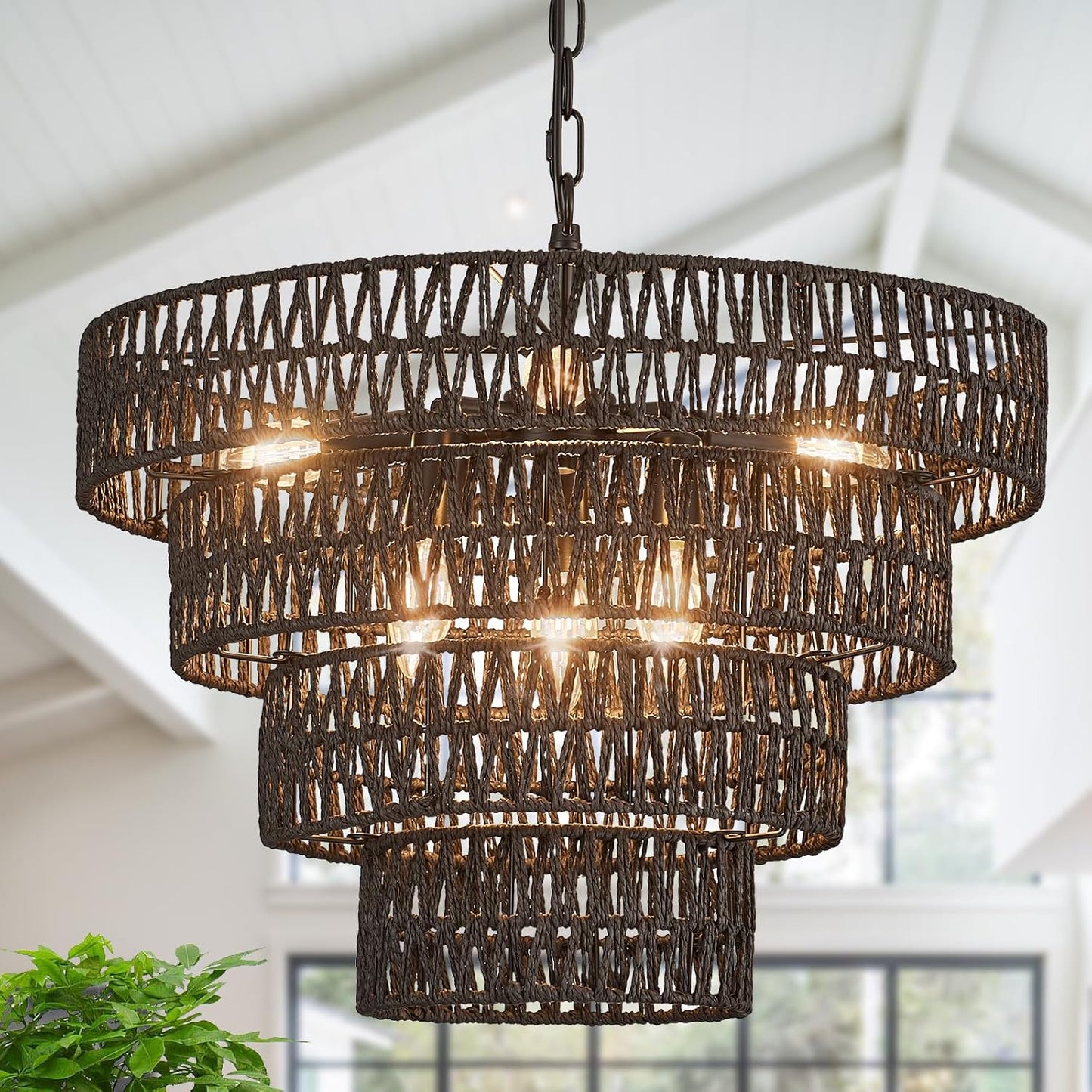 Black Hand-Woven Rattan Chandelier Vintage Farmhouse 6-Lights Boho 19.7' Bamboo Black Chandelier Light Fixture Retro 4-Tier Drum Wicker Chand