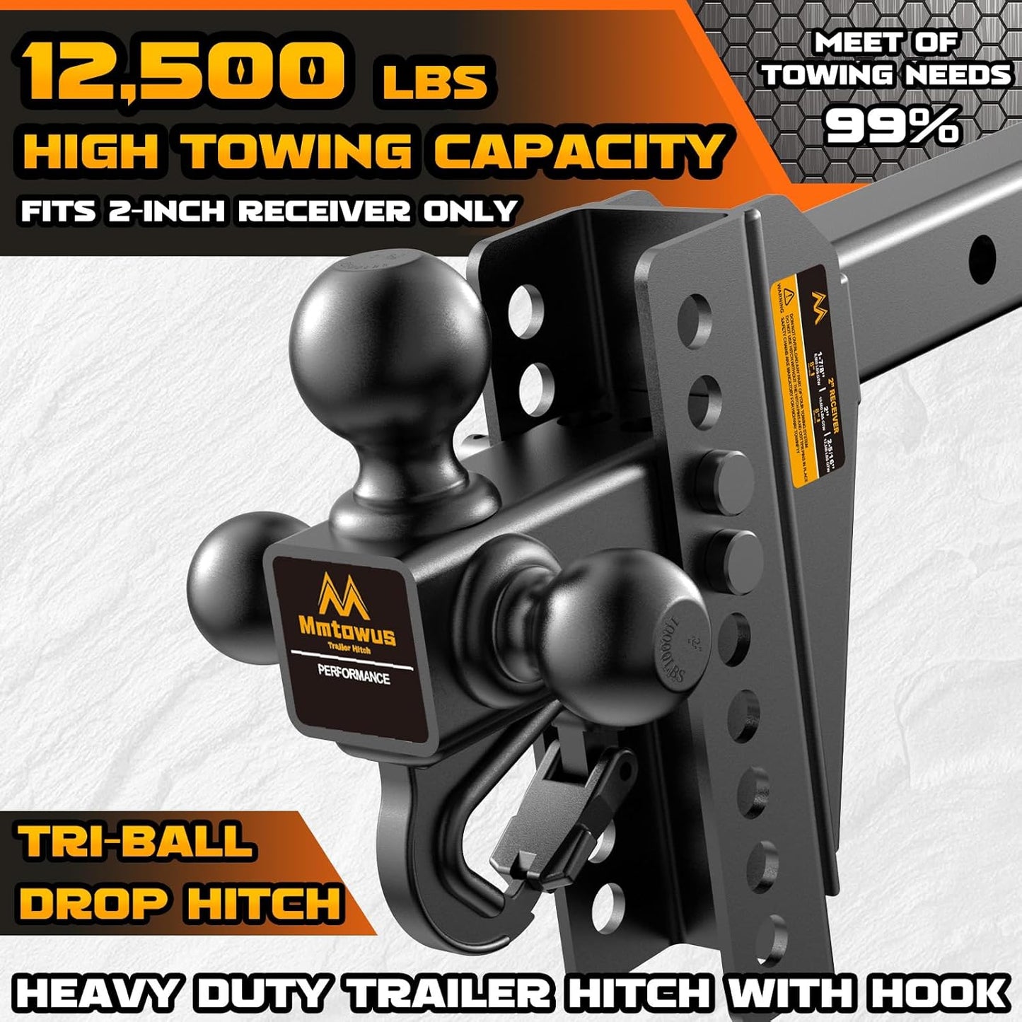 Adjustable Trailer Hitch - Drop Hitch Fit 2" Receiver -8" Drop/Rise | Tri Ball Mount with Hook (1-7/8'', 2'' & 2-5/16''), 12,500 LBS GTW Tow Hitch, 3 Ball Hitches for Trucks, RVs, Camper, SUV etc