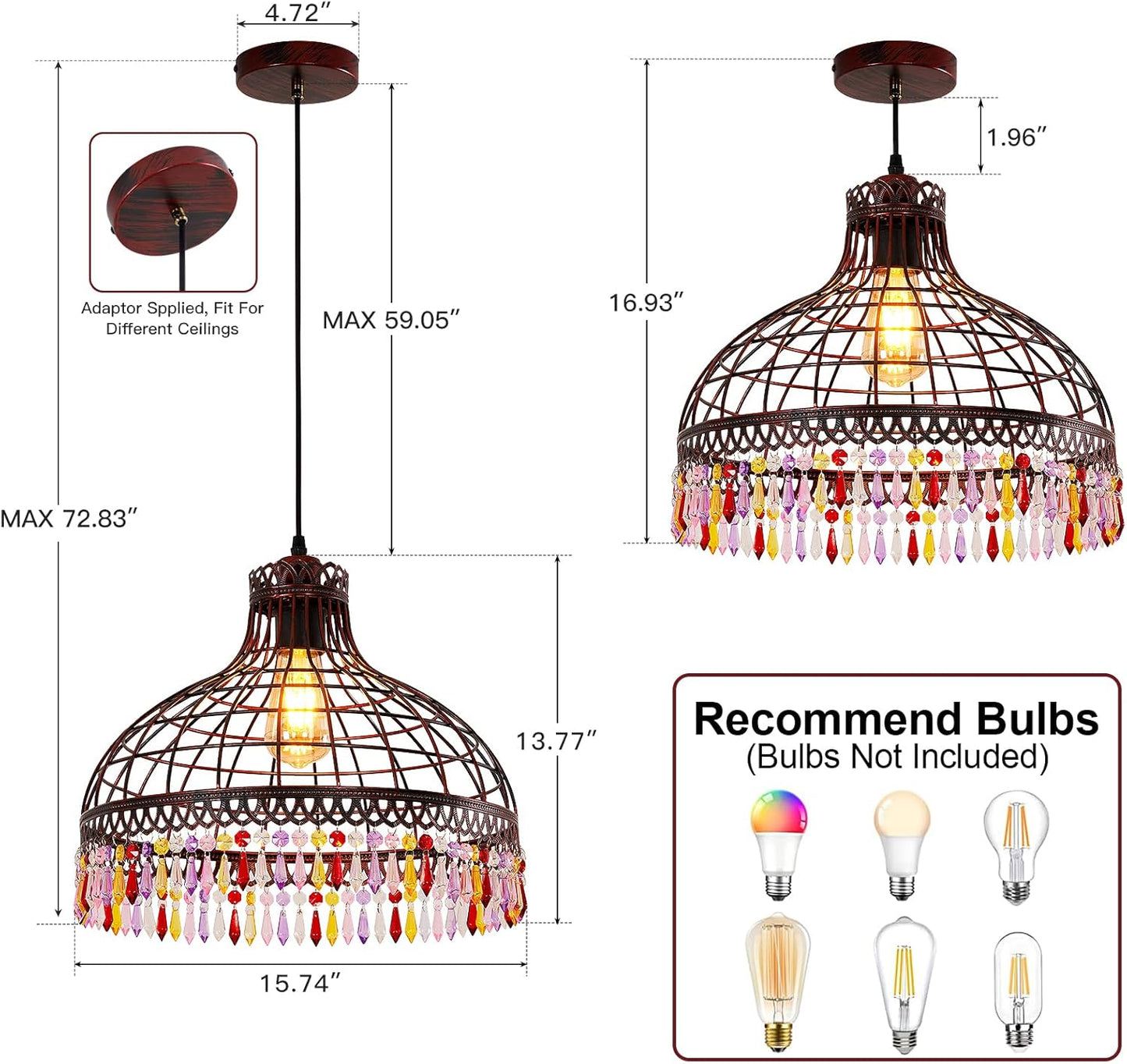 16-inch Wrought Iron Tiffany-Style Chandelier, Industrial Retro Wine-red Wrought Iron Lighting Fixture, Suitable for Kitchen Island, Game Room, Dining Room, bar Counter