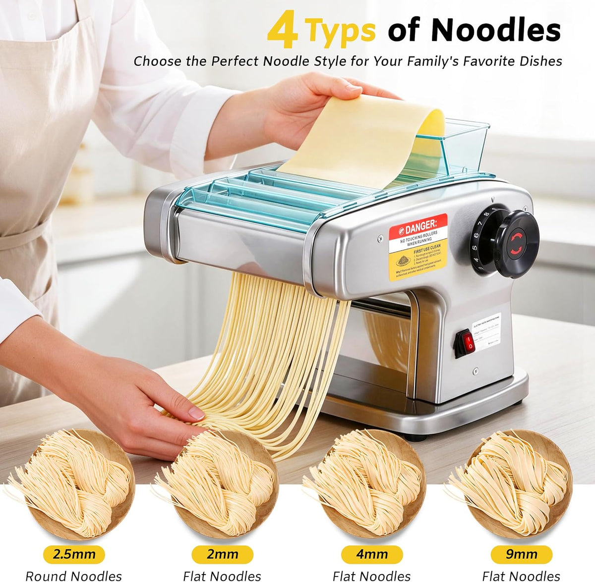 Dyna-Living Electric Pasta Maker Machine Dough Sheeter, 4 Types of Noodle