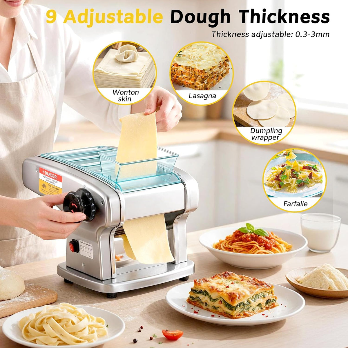 Dyna-Living Electric Pasta Maker Machine Dough Sheeter, 4 Types of Noodle