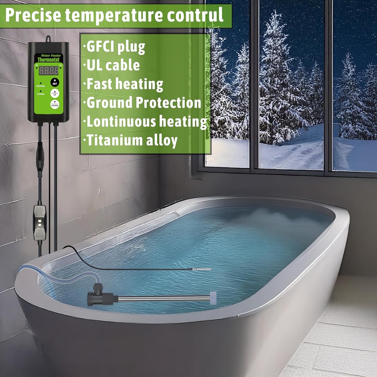 1800W Submersible Hot Tub & Pool Portable Immersion Water Heater with Temperature Control and GFCI Leakage Protection for Swimming Pools, Bathtubs, Buckets, Baptistries, and Most Liquids