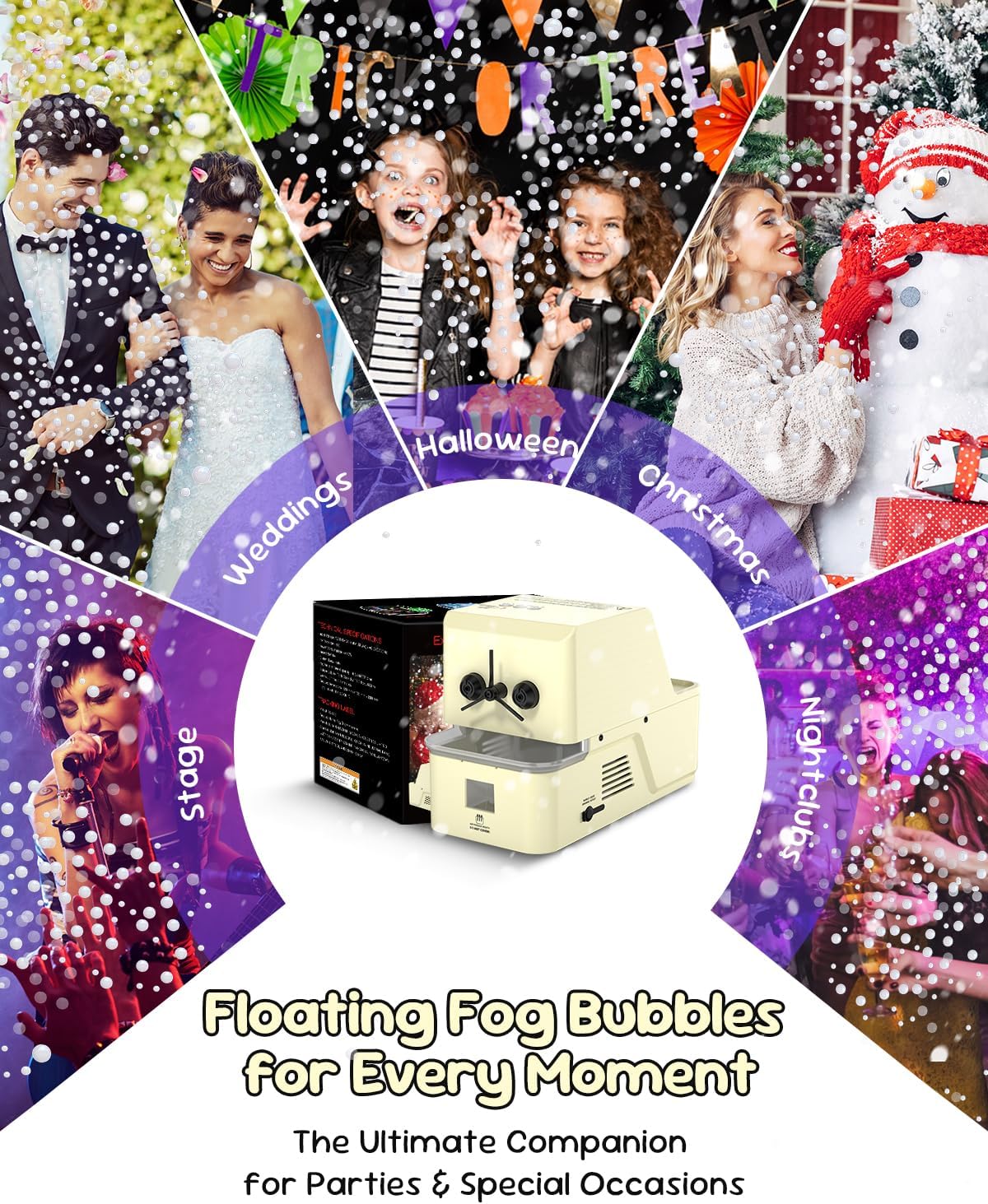 Smoke-Filled Bubble Machine, 450W Super Low Noise Fog Bubble Blower with Remote Control, 3-in-1 Modes, Creates Snow-Like Fog Bubbles, 8000+ bubbles Per Min, Ideal for Christmas Party Wedding Stage
