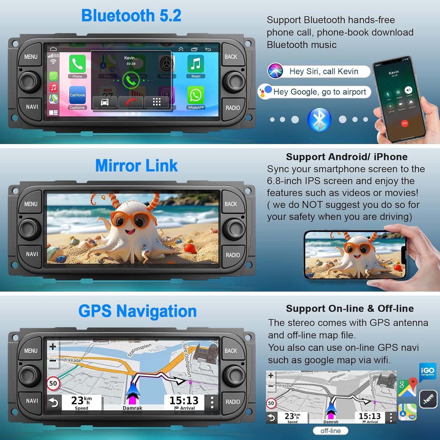 Car Radio Stereo for Dodge RAM 1500 2002-2006,for Jeep Wrangler 2003-2006, for Jeep Grand Cherokee 1999-2004,6.8" QLED Touchscreen with Wireless CarPlay & Android Auto,4G+64GB Android 13 System For Dodge Ram 2002-2006