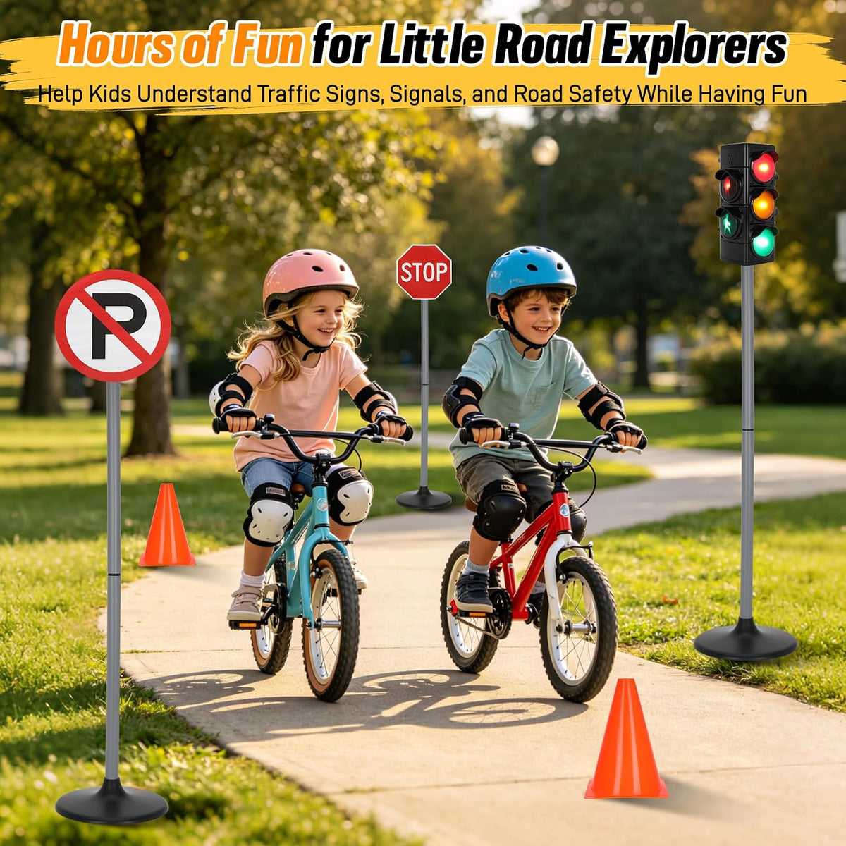 Large Traffic Signs Playset (36PC Set), 42in Tall Street Sign and Traffic Light Set for Kids, Educational Road Signs for Ride-On Cars, Bikes, Indoor/Outdoor Play