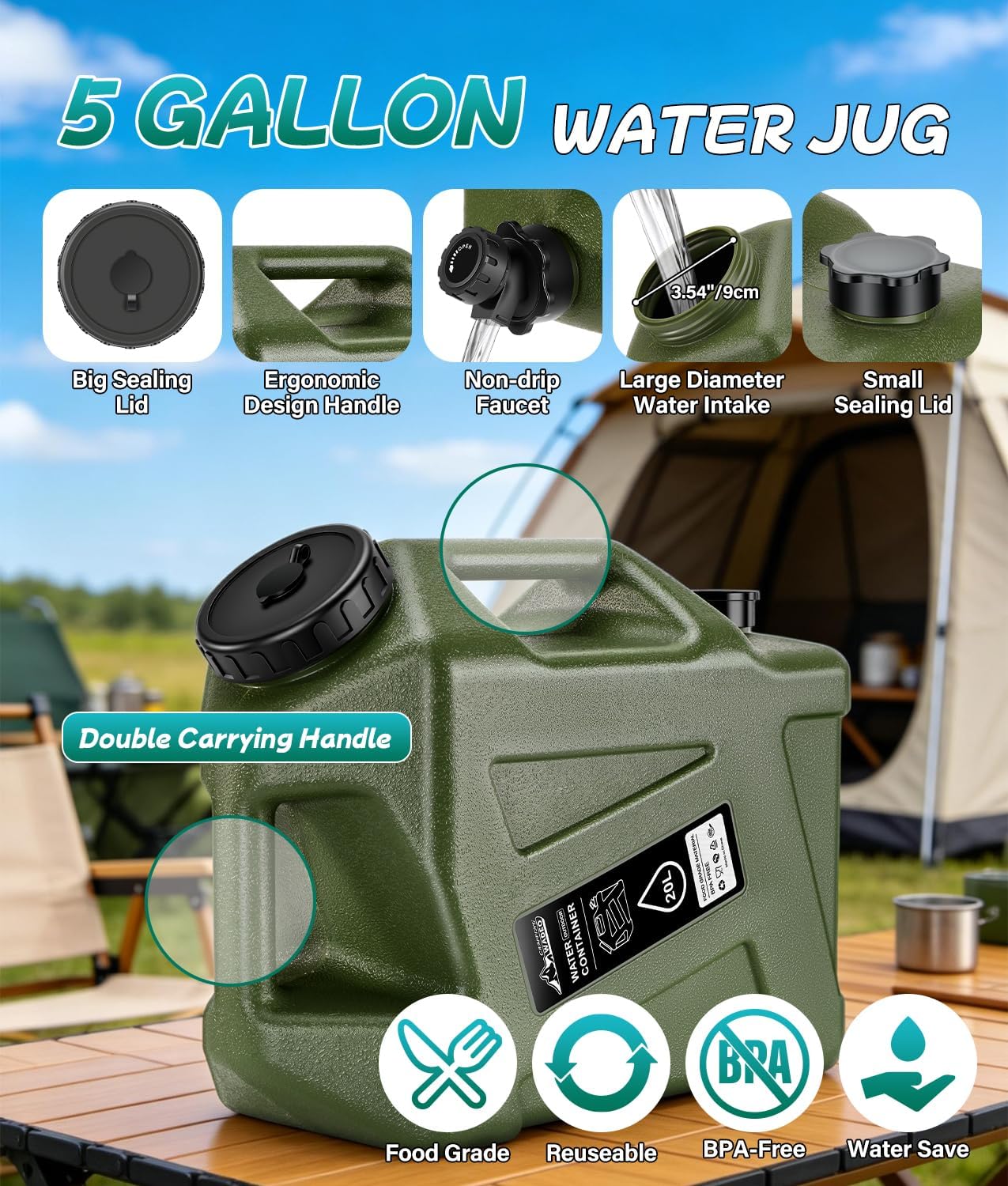 2026 Portable Shower for Camping with 5-Gallon Water Jug, Rechargeable Camping Shower, Food Grade Material Water Containers for Fruit & Vegetables Wash, Integrate Design for Outdoors, Hiking