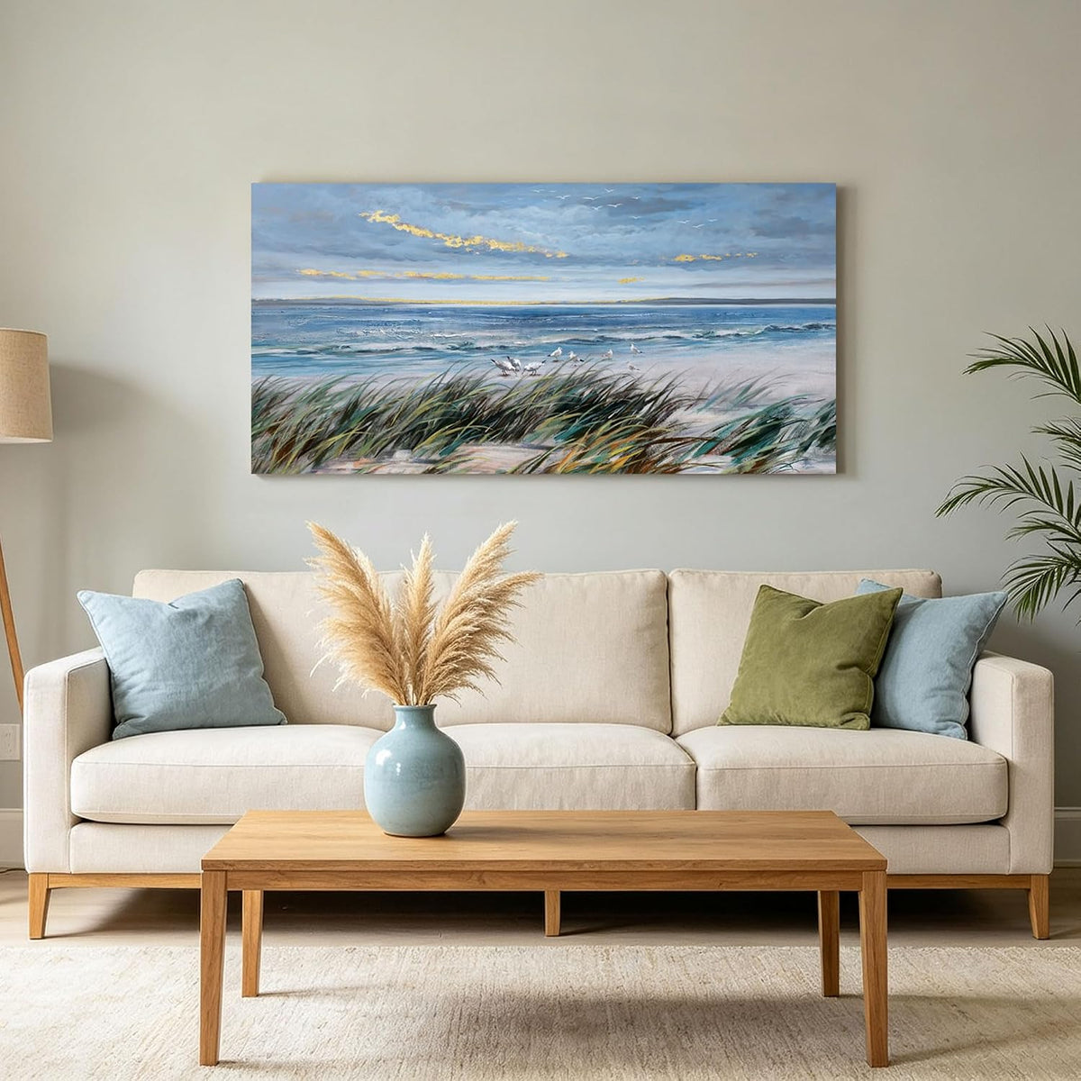 KLAKLA Coastal Wall Art Beach Picture Large Canvas for Living Room 48x24 IN Blue and Gold 48"L x 24"W