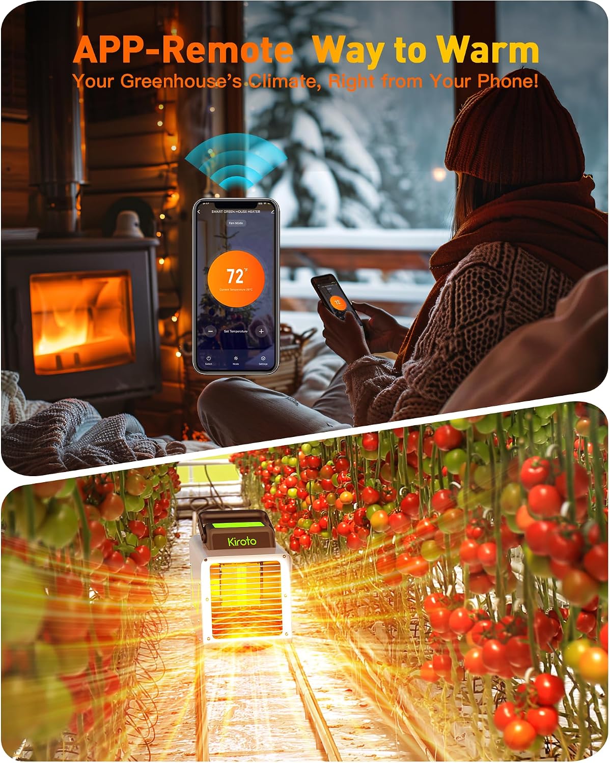 Kiroto 1500w Greenhouse Heater,with APP Remote Control, Portable Outdoor Winter Heater With Thermostat For Plants Vegetables Flowers,Smart Electric Safe Heater for Green house,Grow Tents,Garage