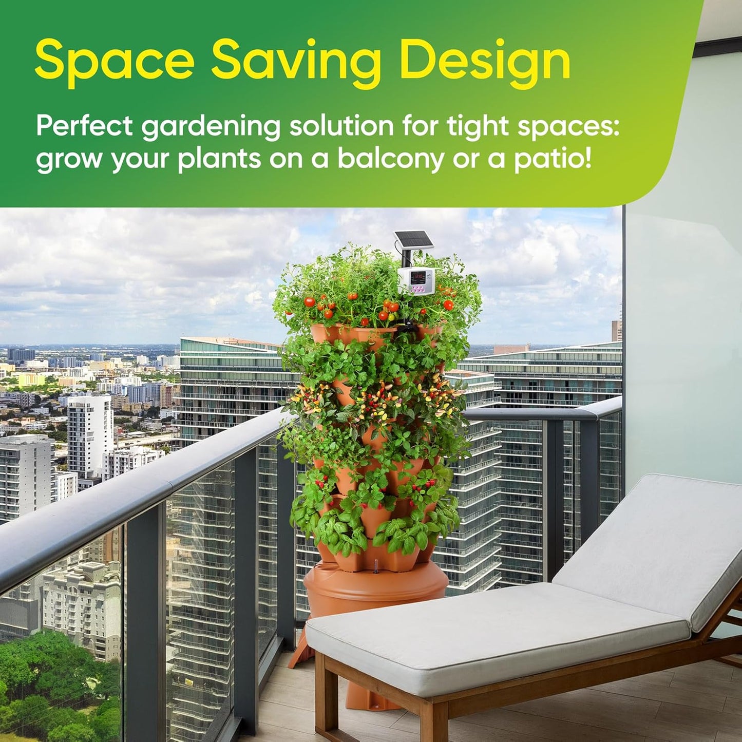 Vertical Garden Tower for Efficient Vertical Gardening  6-Tier  1.6 m x 70 cm  30 L Reservoir Self-Watering Solar-Powered System