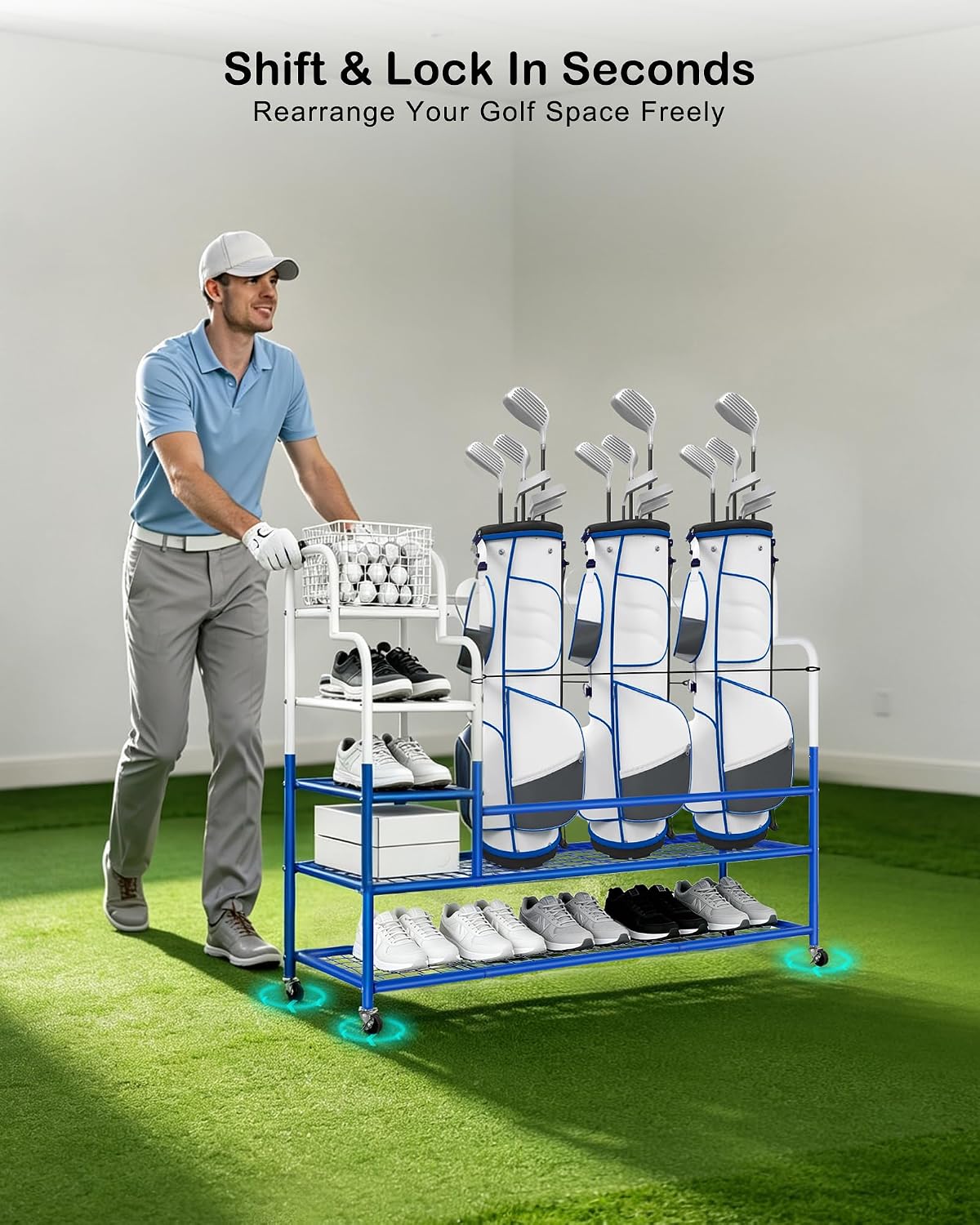 Golf Bag Storage Garage Organizer for 3 Bags, Golf Storage Rack with Wheels | 50% More Space Multi-Zone, All-In-One Compact 5-tier Upscale Sporty Heavy-Duty Rack, 4 360° Casters,Movable Basket,Golf Gifts 3 Golf Bag Rack丨50.4"(L)x15.8(W)"x44.6"(H)