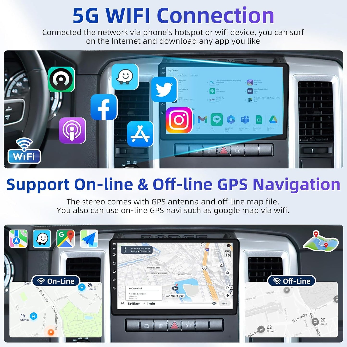 4Core+64GB ROM Car Radio for Dodge Ram 1500 2500 3500 2009-2012: 10 Inches IPS Touchscreen Upgrade Stereo with Wireless Carplay Android Auto GPS 5G WiFi HD 1080P Backup Camera Bluetooth FM SWC 4 Core 2GB RAM + 64GB ROM 10 Inches