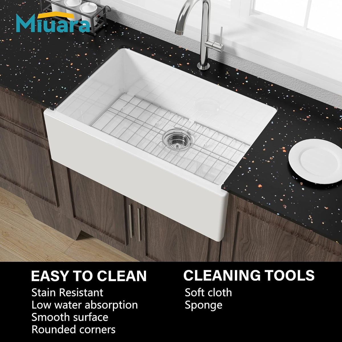 Miuara 30 x 20 Inch Self Trimming Farmhouse Kitchen Sink White Apron Front