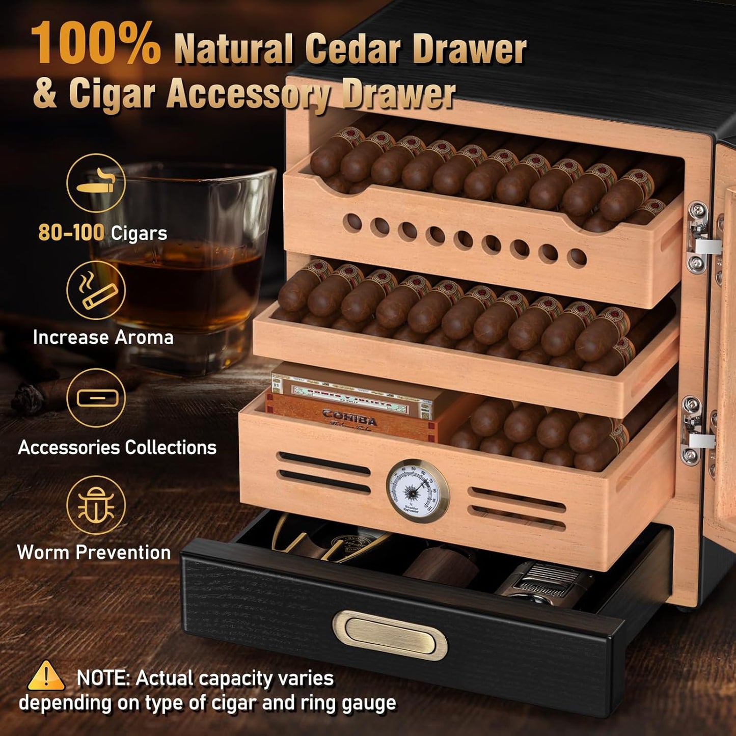 COOL KNIGHT Cigar Humidor Cabinet, Cigar Cabinet Humidor with Spanish Cedar Wood Drawer, Precision Hygrometer, 2 Humidifiers and Cigar Accessories