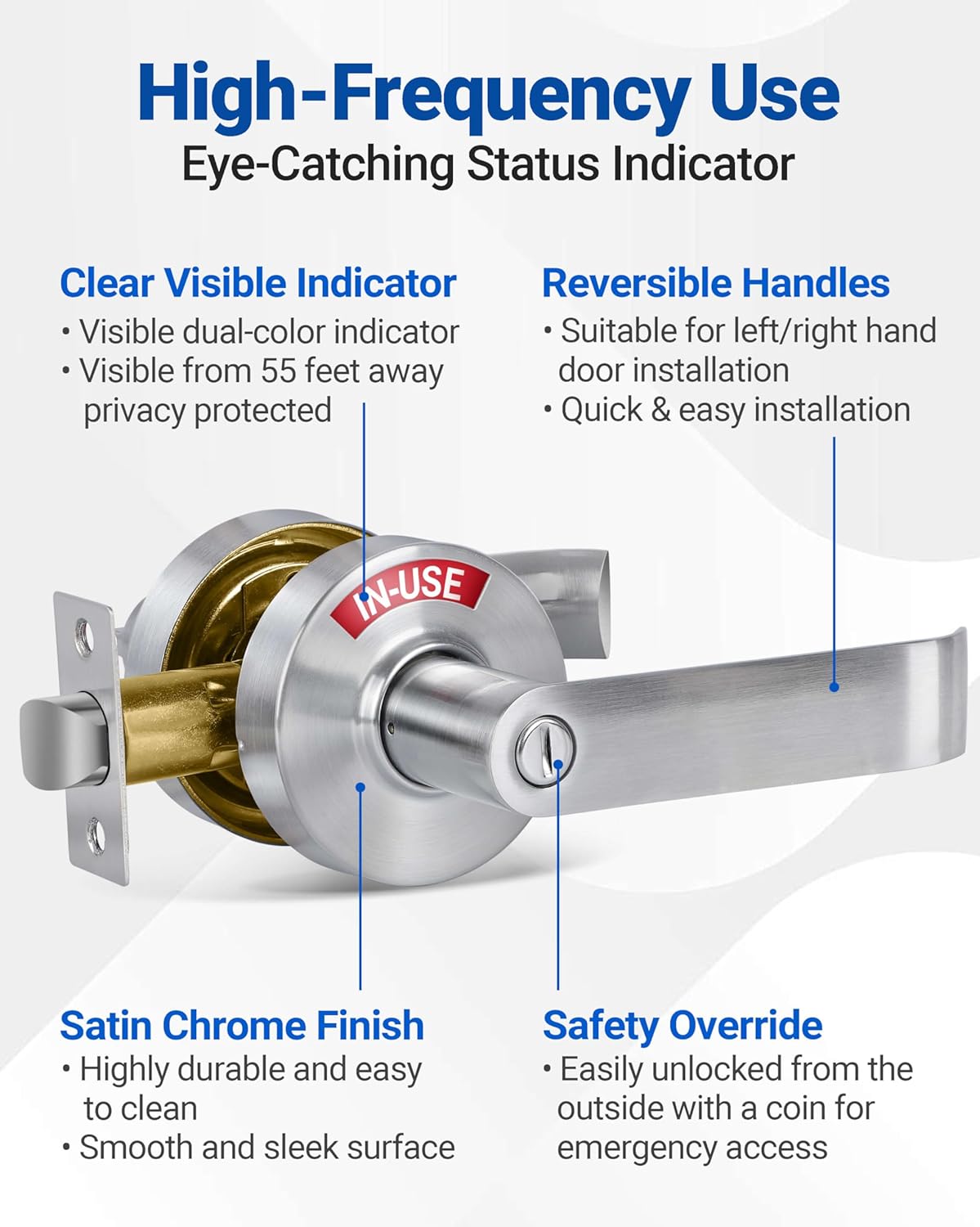 Bathroom Privacy Lever Door Lock (2 Pack), Vacant Occupied Bathroom Lock with Large In-Use or Vacant Indicator, Bathroom Door Knob, ANSI Grade2 Commercial Grade, Occupied Sign for Bathroom Door
