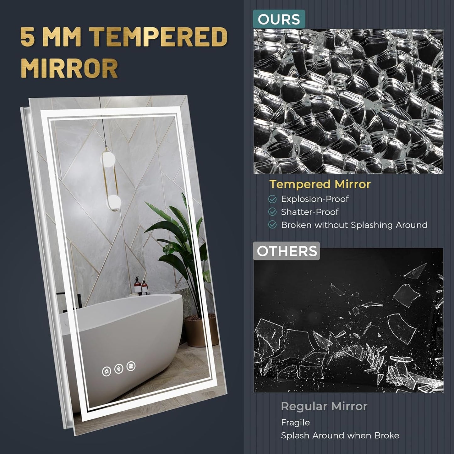 40' x 32' Led Bathroom Mirror with Lights - Anti-Fog Led Lighted Bathroom Vanity Mirror with Lights, Stepless Dimmable Wall Mounted Smart Bathroom