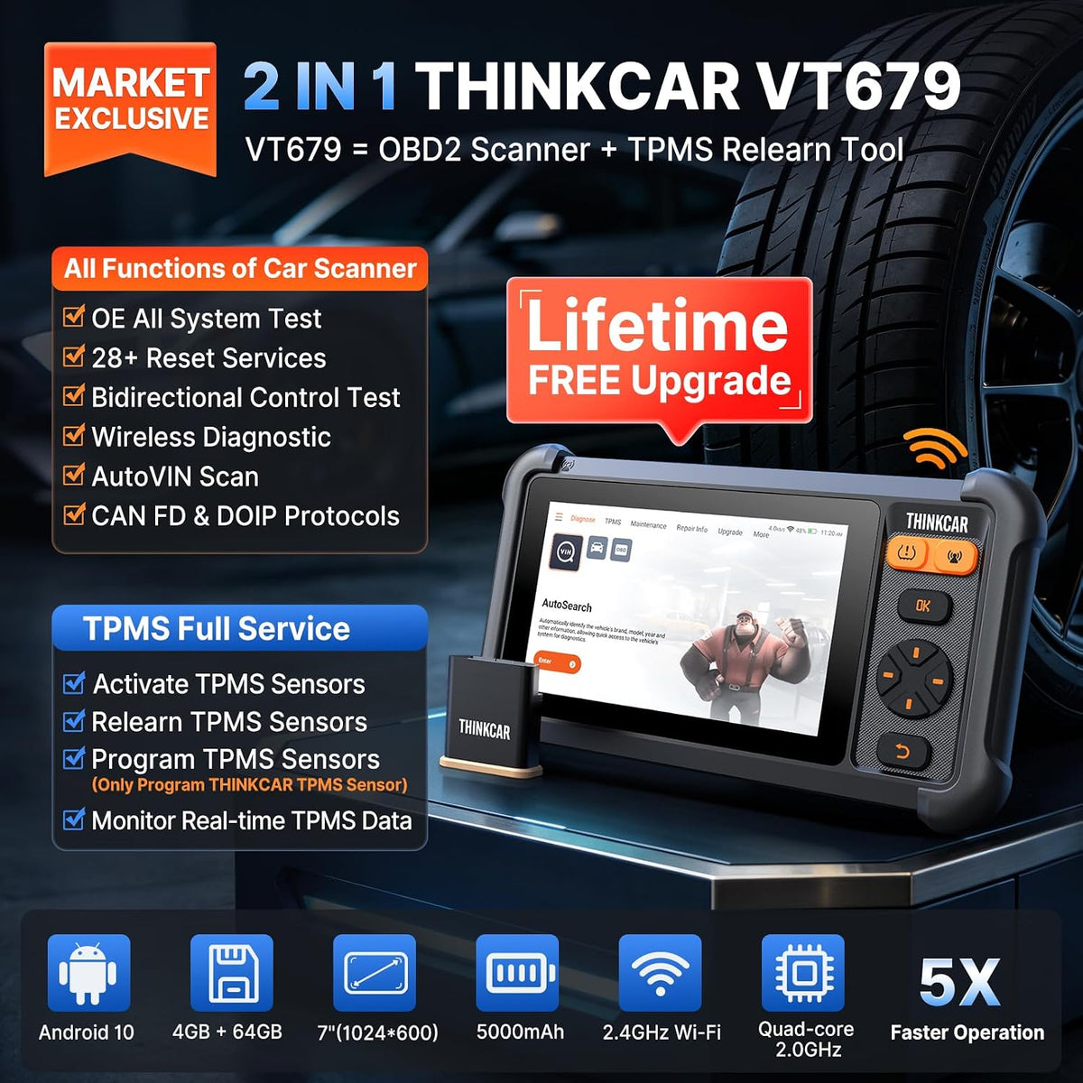 THINKCAR VT679 2-in-1 Bidirectional OBD2 Scanner & TPMS Relearn/Scan Tool