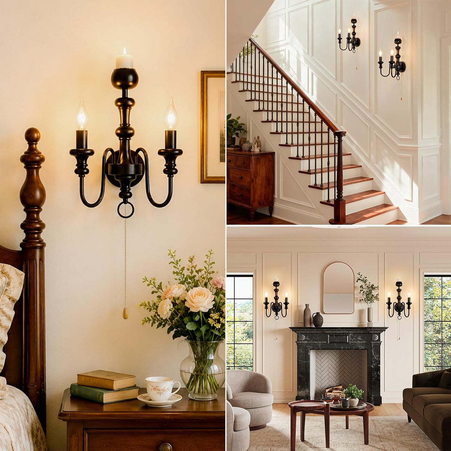 Matte Black Iron Double-Arm Wall Sconce, Retro Farmhouse Hardwired Lamp with Scented Candle Tray & Pull Switch for Home Decor (Candles Not Included)