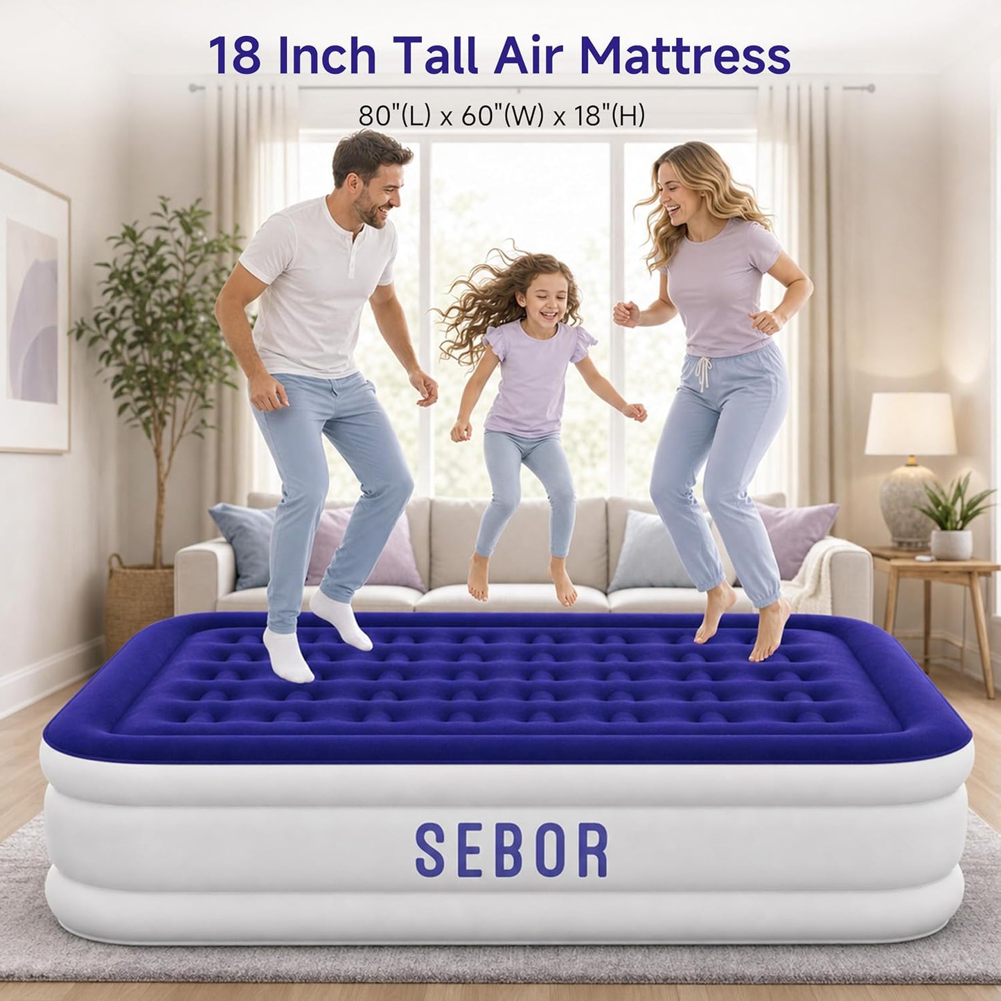 Sebor Air Mattress Queen with Built-in Pump 18",Self-Inflating Blow up Mattress with High-Speed Pump, Durable Twin Size Air Mattress with Storage Bag for Guests,Camping,Travel Blue