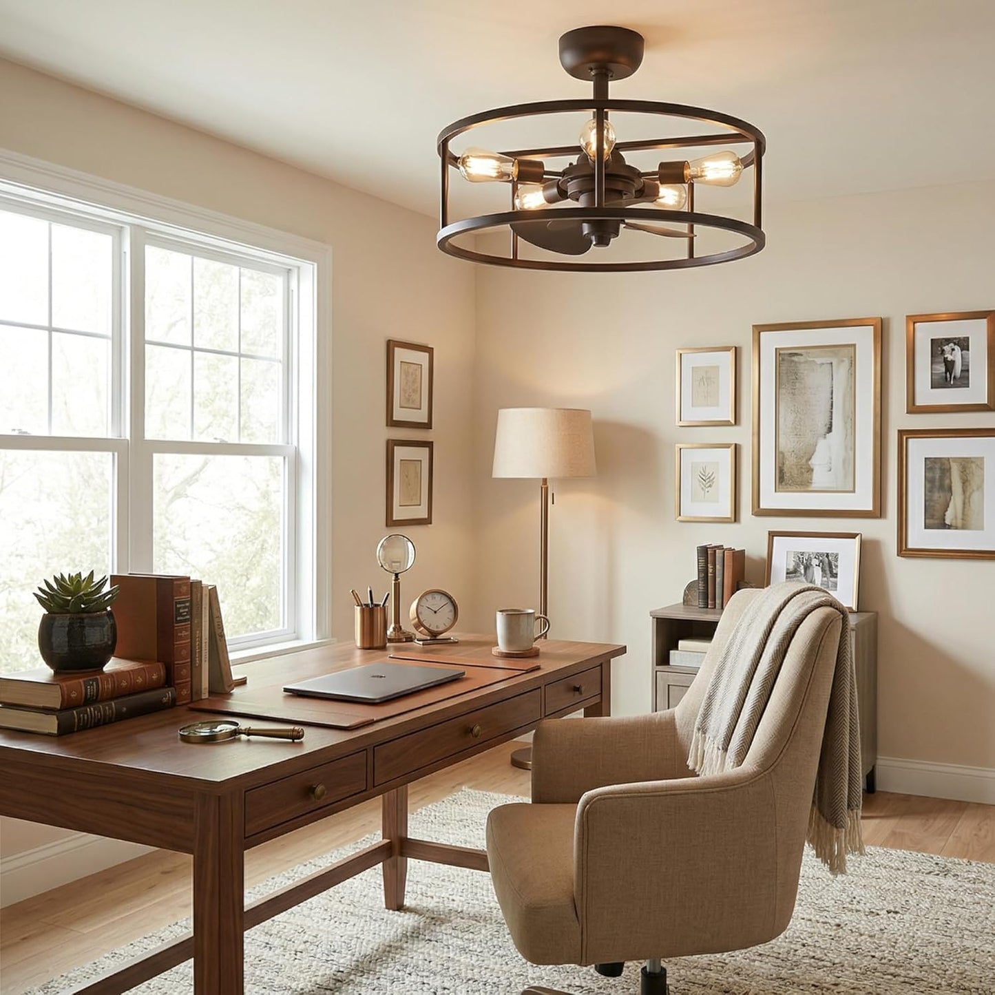 New Harbor Ceiling Fan with Light, 5-Light Western Bronze Open Cage Flush Mount Fandelier, Remote Included, Dimmable LED Bulbs