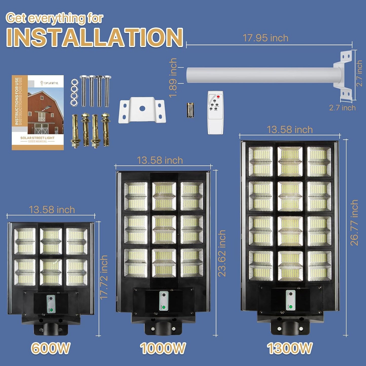 Galental 1000W Solar Street Light Outdoor with Remote Control, 6500K Dusk to Dawn Solar Parking Lot Light, IP65 Waterproof Solar Security Flood Light