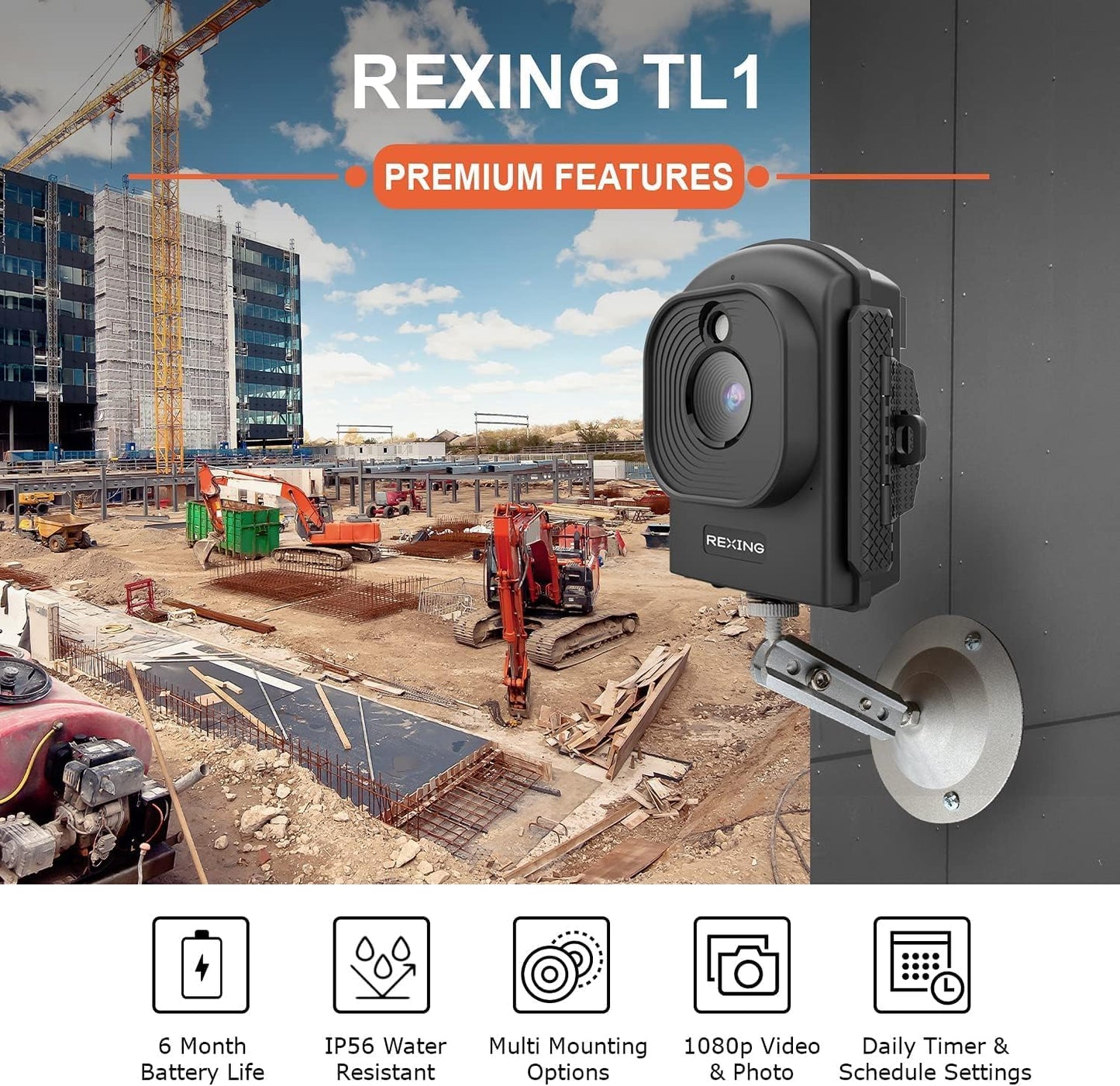 RexingUSA TL1 Time-Lapse Camera - Full HD 1080p, 2.4 LCD, 110 Wide-Angle Lens, 6-Month Battery, 2W LED, Loop Recording, 512GB Storage - Ideal for