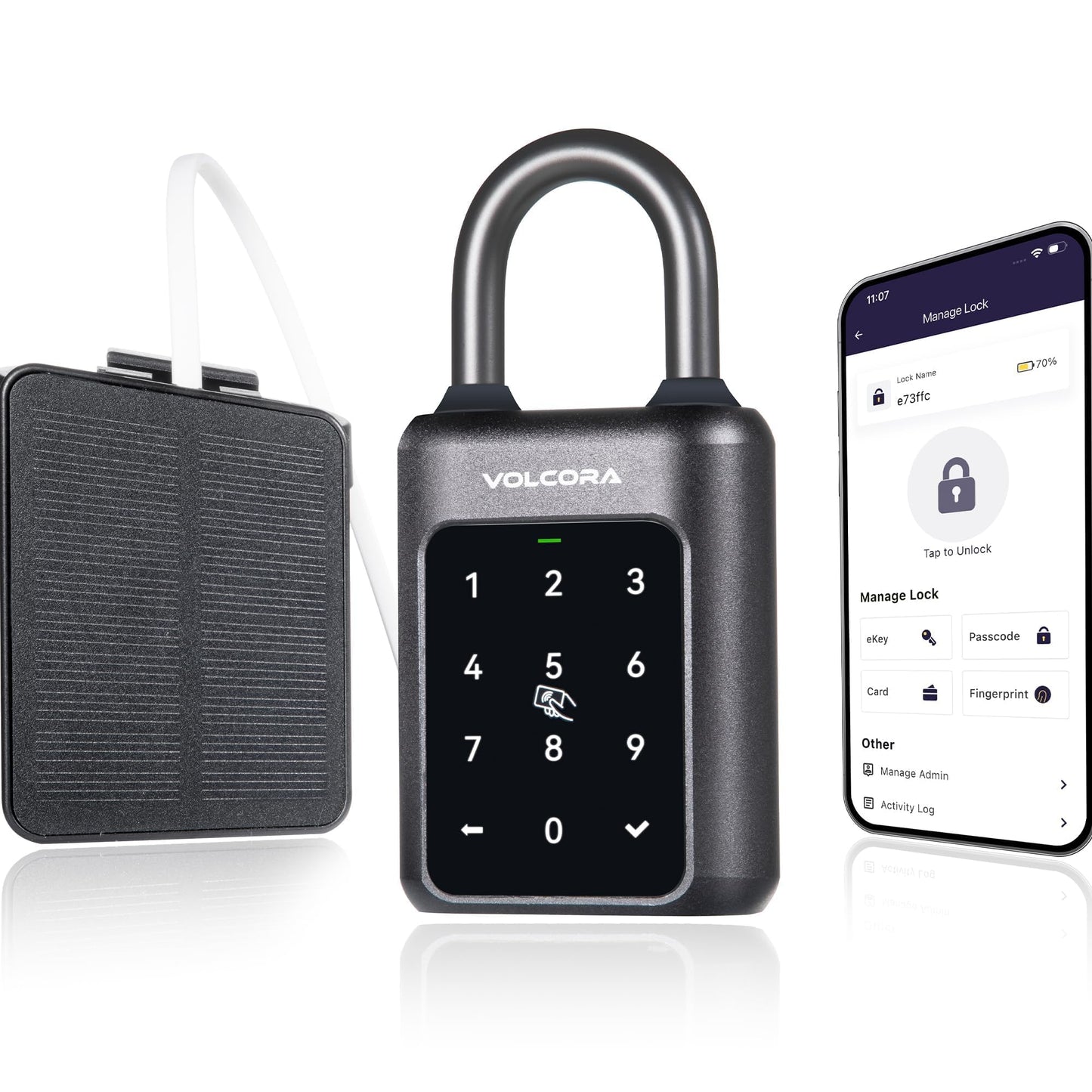 Volcora Fingerprint Padlock Smart Gym Locker Lock with Solar Panel, Electronic Digital Bluetooth App Smart Padlock with Keypad, Rechargeable Biometric Lock, Gate Lock, Short Shackle Short Shackle Padlock with Solar Panel