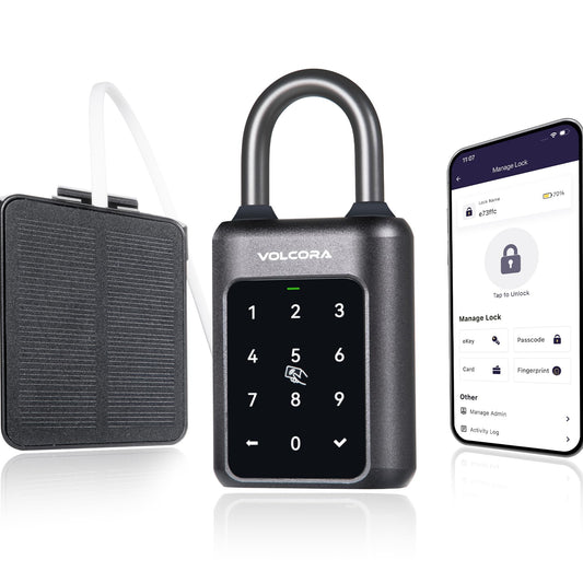 Volcora Fingerprint Padlock Smart Gym Locker Lock with Solar Panel, Electronic Digital Bluetooth App Smart Padlock with Keypad, Rechargeable Biometric Lock, Gate Lock, Short Shackle Short Shackle Padlock with Solar Panel