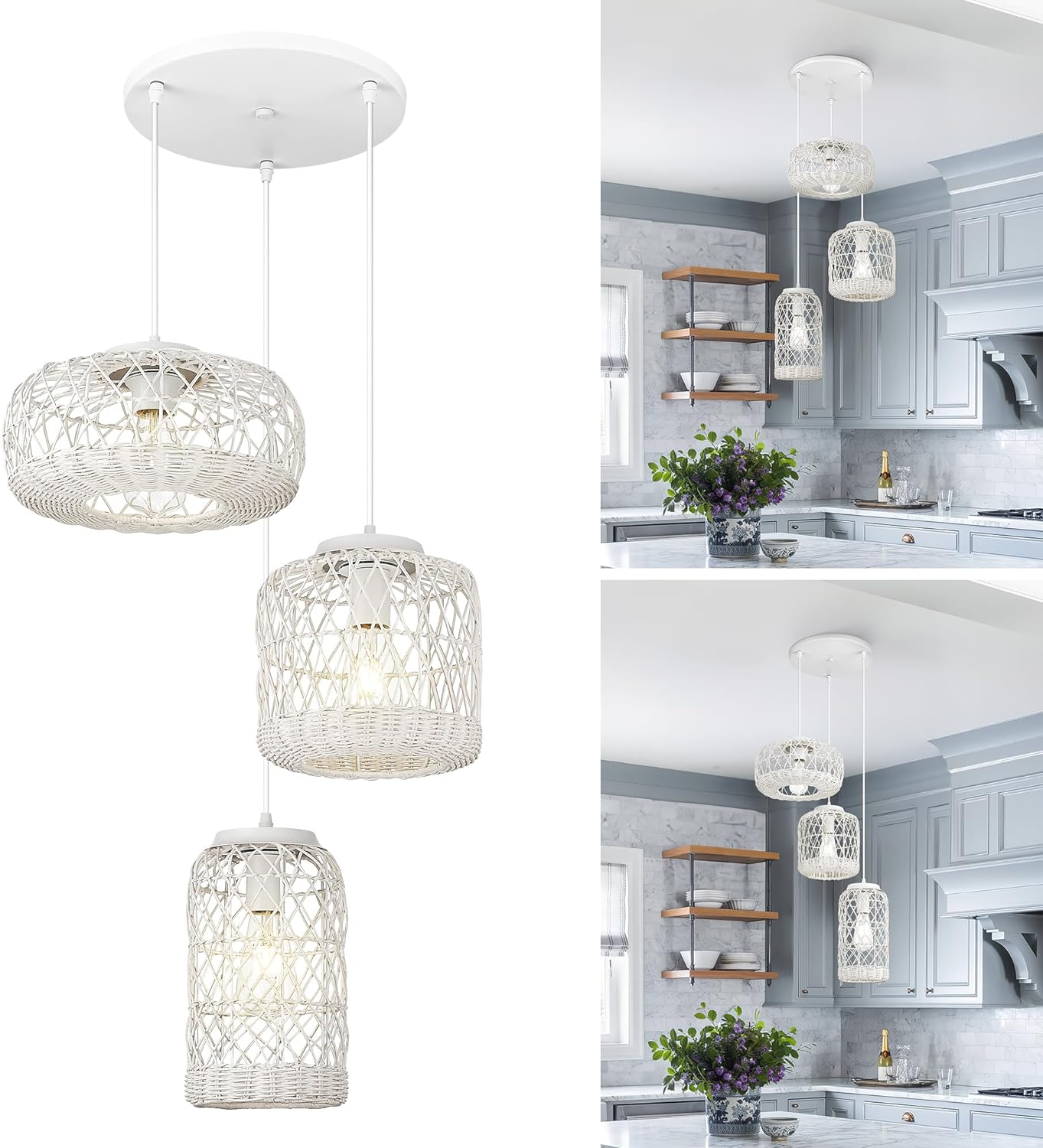 3 Cluster Pendant Light Fixture, HWH Boho Chandelier Light Fixture Rattan Pendant Light, Adjustable Kitchen Hanging Light for Island Dining Room,