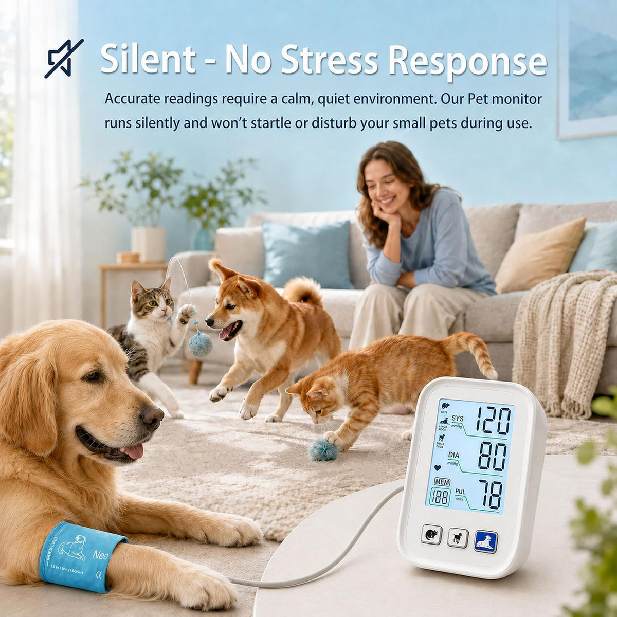Dog & Cat Blood Pressure Monitor, Automatic Digital Pet BP Machine with Large LCD Backlight Display, 3 Size Adjustable Cuffs, 3×199 Data Memory