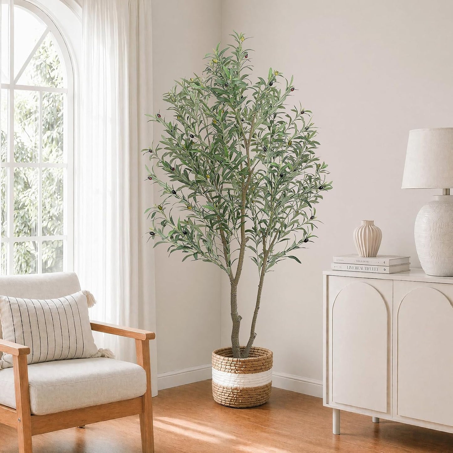 Faux Olive Trees Indoor, 7FT Tall Fake Olive Tree with Black Planter | Fake Potted Olive Silk Tree, Olive Wood Trunk and Lifelike Fruits Artificial Plants for Home Living Room Office Decor Indoor