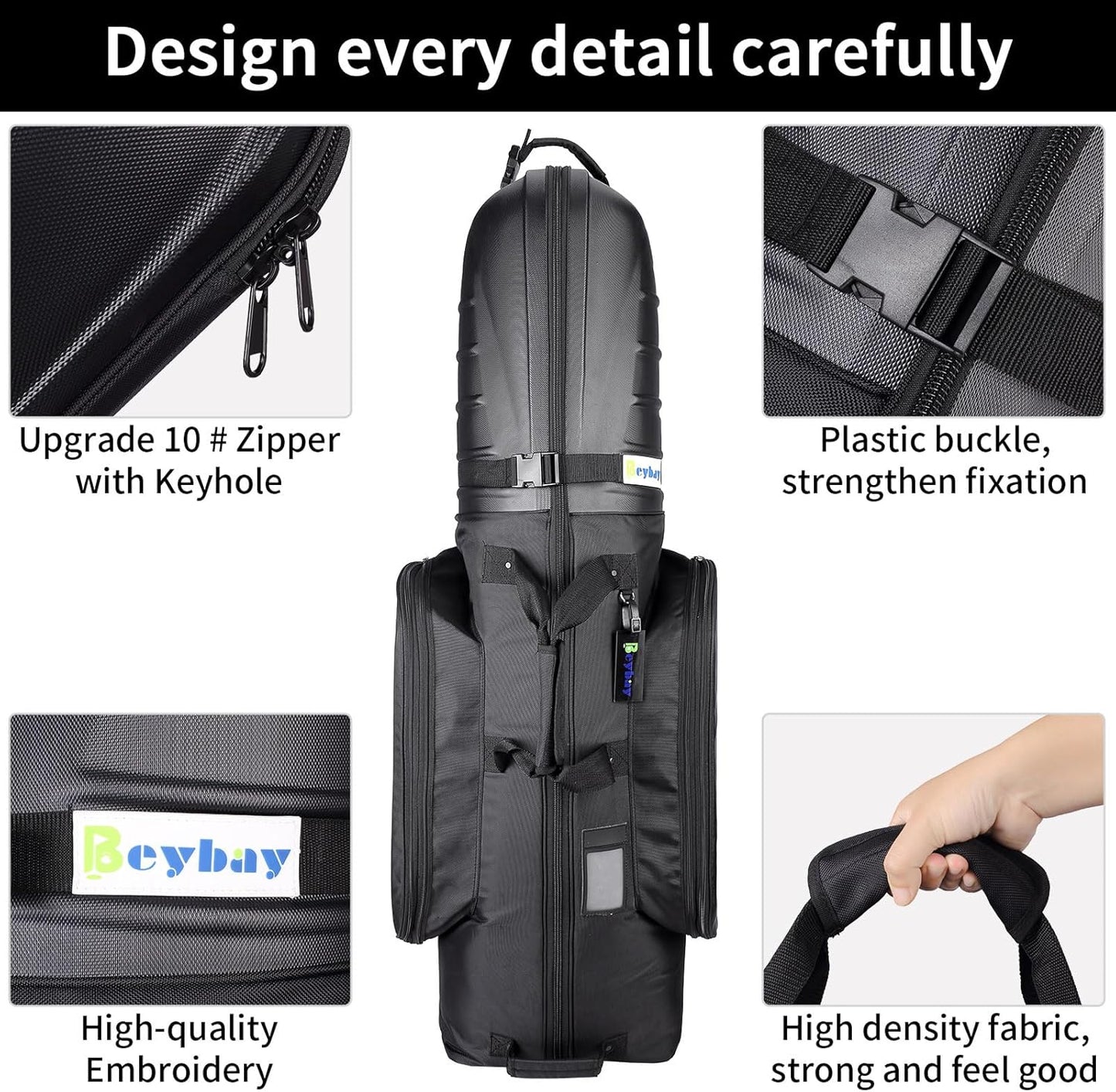 BEYBAY Golf Travel Bags for Airlines with Reinforced Wheels and Hard Case Top, Lightweight and Easy to Maneuver, Excellent Zipper Protect Your Clubs