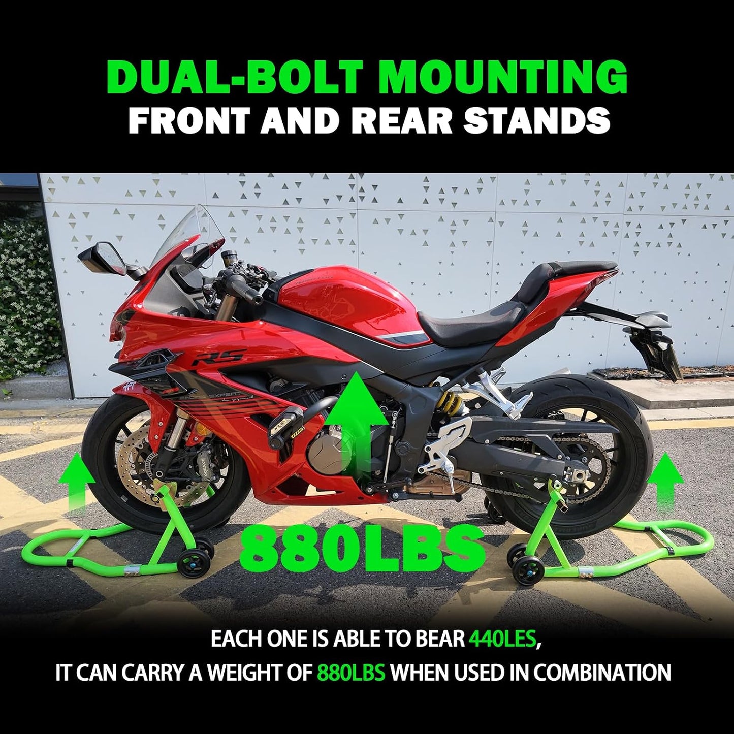 MOTO4U Motorcycle Stand,880lbs Motorcycle Stands Front and Rear with 4 Adjustable Swingarm Spool,Heavy Duty Front Rear Wheels Lift Combo,Paddock Stands Dual bolt Universal Fit for Most Sport Bike