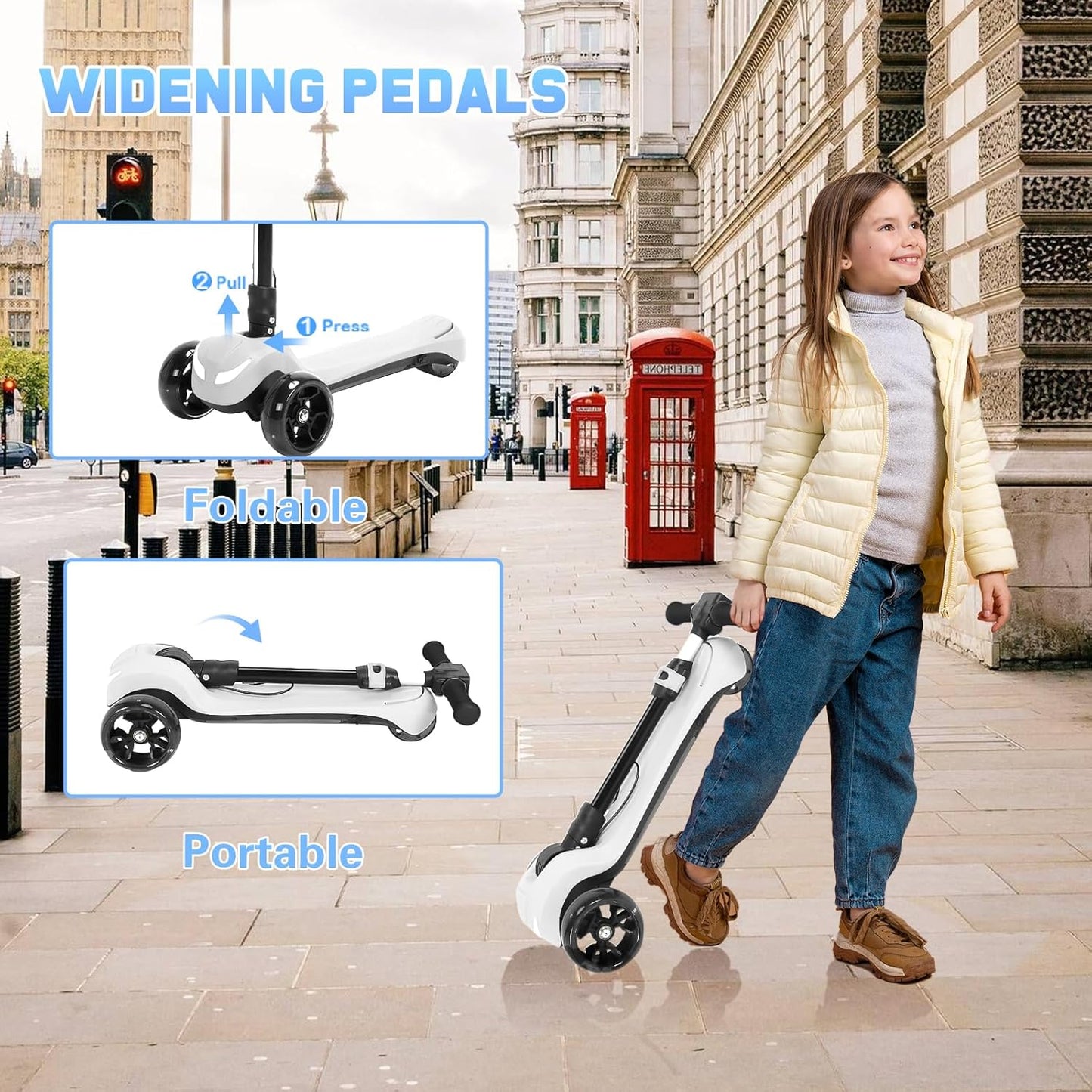 3 Wheel Electric Scooter for Kids, Electric Kick Scooters with Powerful Motor, 21V Battery, Thumb Throttle, 5mph Safe Speed, LCD Screen, Light Up