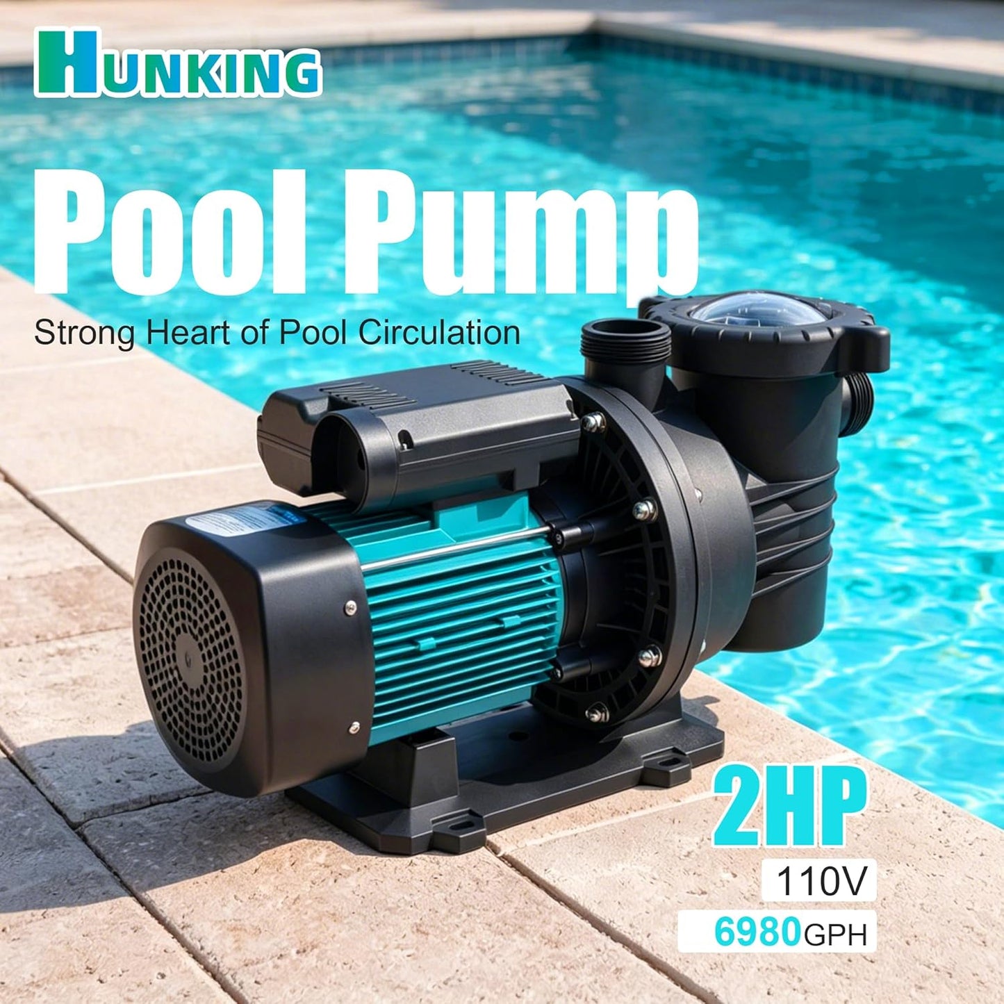 2HP Pool Pump Inground and Above Ground, 6980GPH High Flow Powerful Swimming Pool Pump, 110V Energy Saving with 1.25-1.5'', 1.5'', 2.0'' Unions and Filter Basket 2HP-1