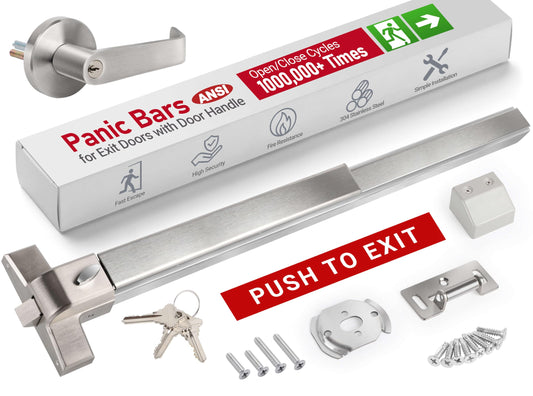 Push Bar Panic Exit Device for Emergency Exit Doors with Door Handle- 304 Stainless Steel Panic Bars for Exit Doors, 38" Commercial Push Bar Panic Exit Device for 39”-53” Wood/Metal Door (Silver)