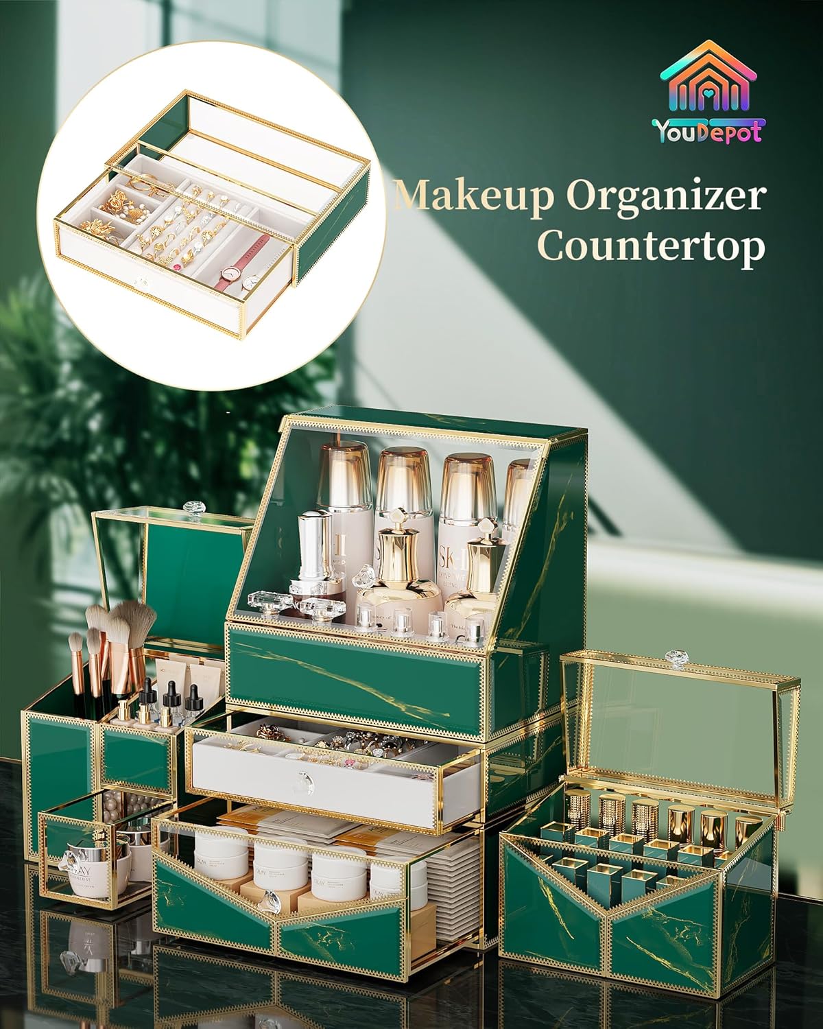 Makeup Organizer Countertop Cosmetic Organizer Tempered Glass Multi-Functional 5-in-1 Cosmetic Display Cases, Stackable Vanity Organizer Jewelry and