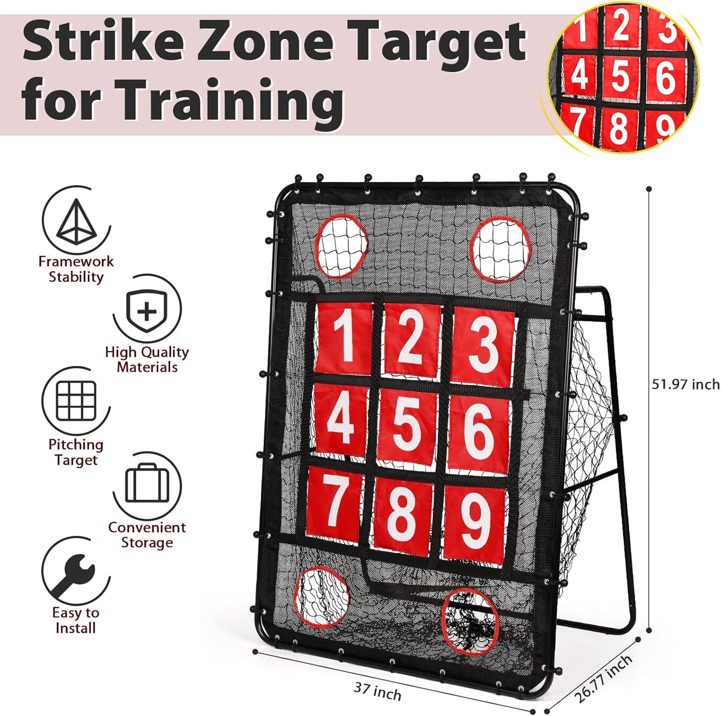 Baseball Pitching Net with Strike Zone, Portable Baseball Softball Net for Batting Pitching Hitting