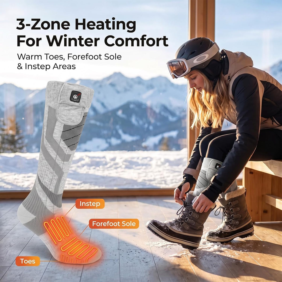 SUN WILL Heated Socks for Men Women, 3 Heat Settings, USB Rechargeable grey Large