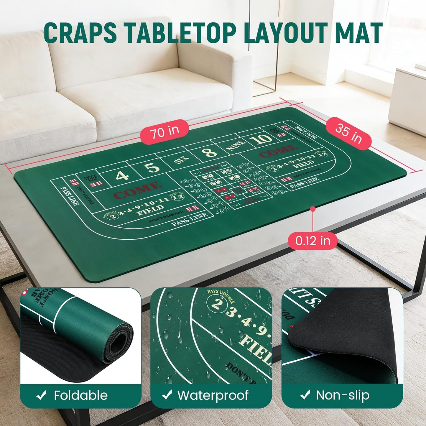 Craps Tabletop Game Set with 35 * 70" Rubber Craps Tabletop Layout Mat, 36" Rattan Stick, Casino Grade 19mm Dice, On/Off Button and 100 pcs Chips Craps Game Layout for Party Green
