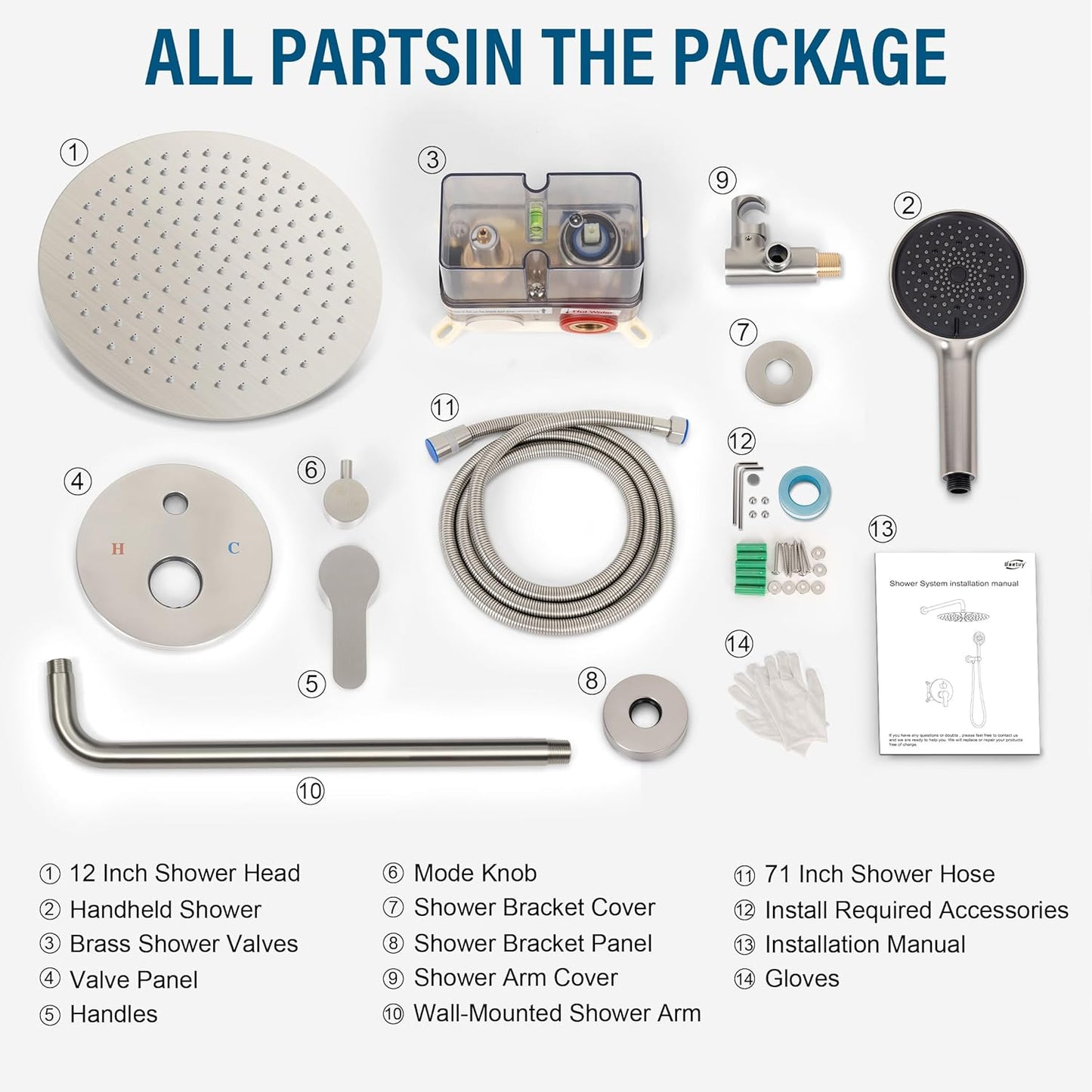 12 Inch Shower Faucet Set, High Pressure Shower Head and Handheld 3 Jet Combo Kit, Bathroom Wall Mount Rain Shower System, Includes Valve and