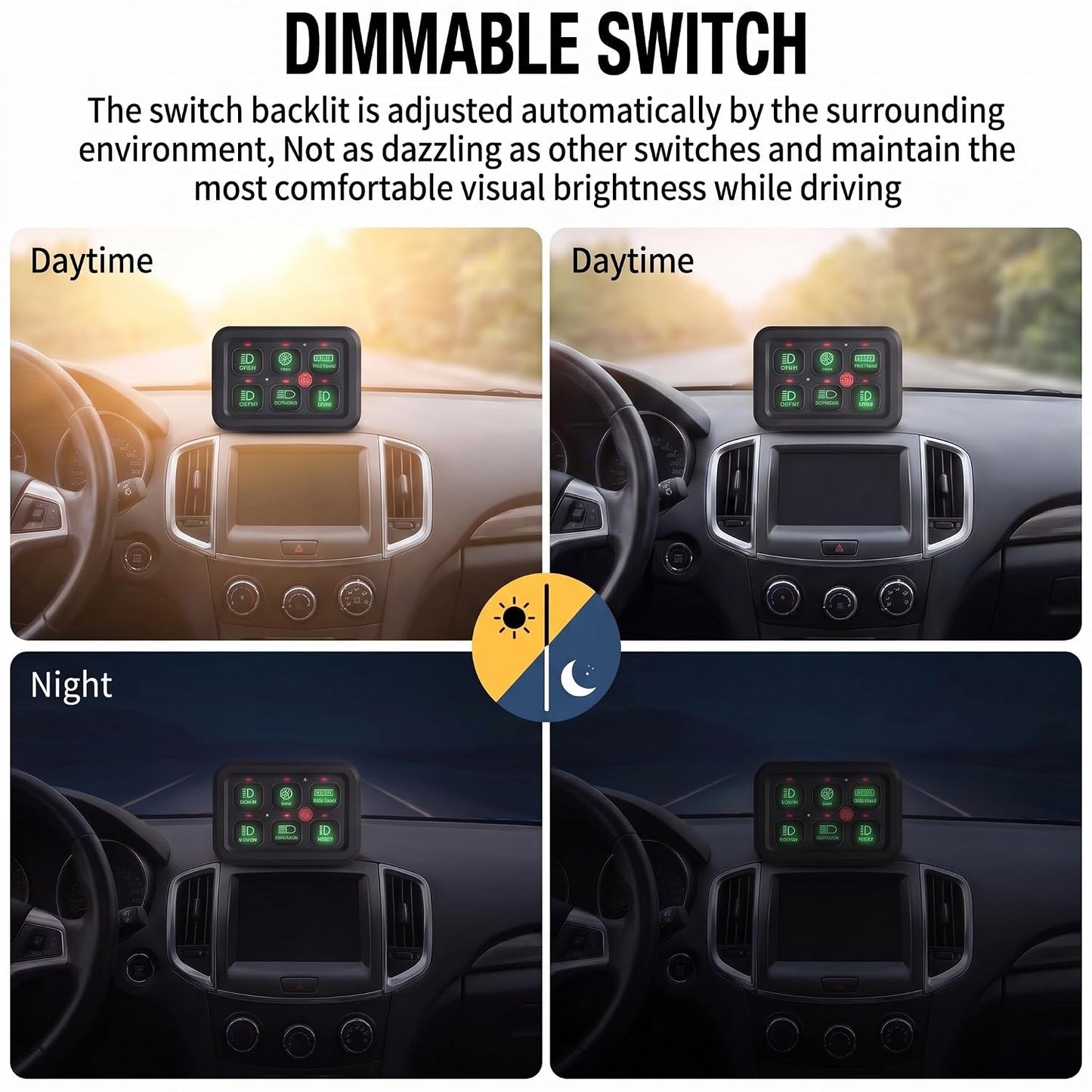6 Gang Switch Panel 12V, Auto Dimmable for Truck SUV RV UTV | RGB 3-Color Backlight, Over-Current Protection, ABS Aluminum, 60A 720W Relay Box, Fits Cars Pickups Off-Road Trailers