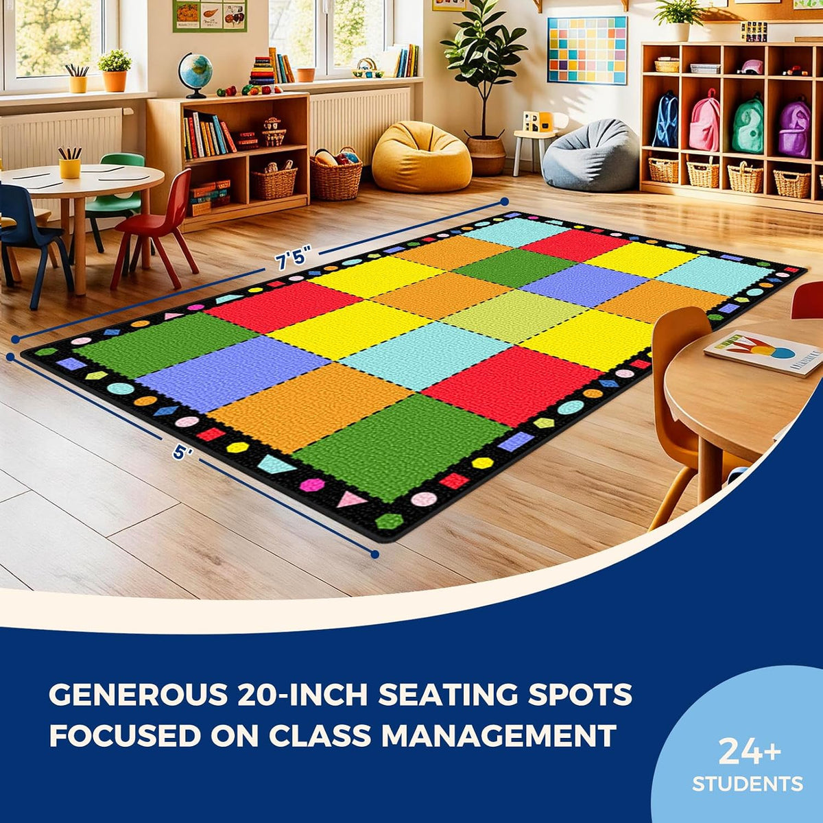 Booooom Jackson Classroom Rug - 5'x7'6'' Blocks Border Seating Rug Preschool Classroom Carpet, Non-Slip & No-Trip Edges, Vibrant Colors for Kids Playroom Floor Mat
