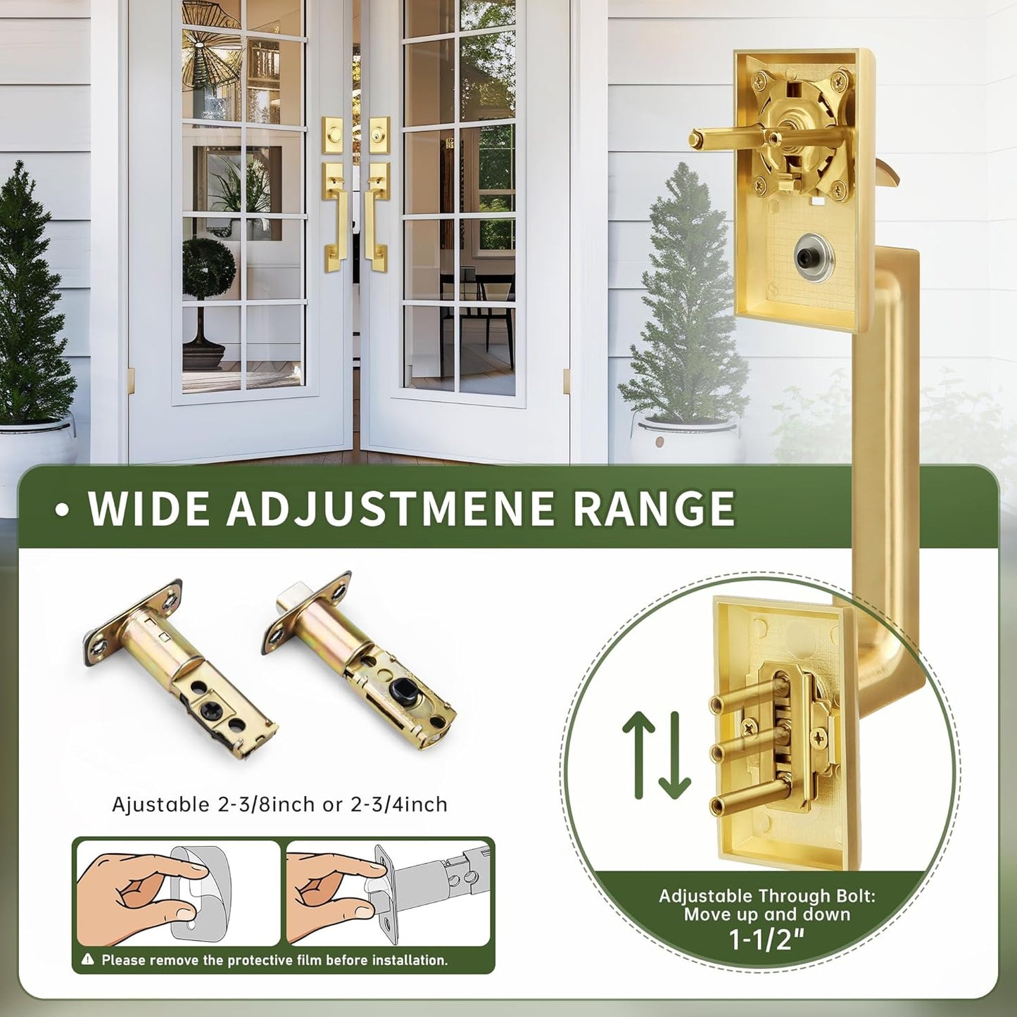 Double Front Door Lock Set, Brushed Gold Square Front Door Hardware Set with Dummy, Heavy Duty