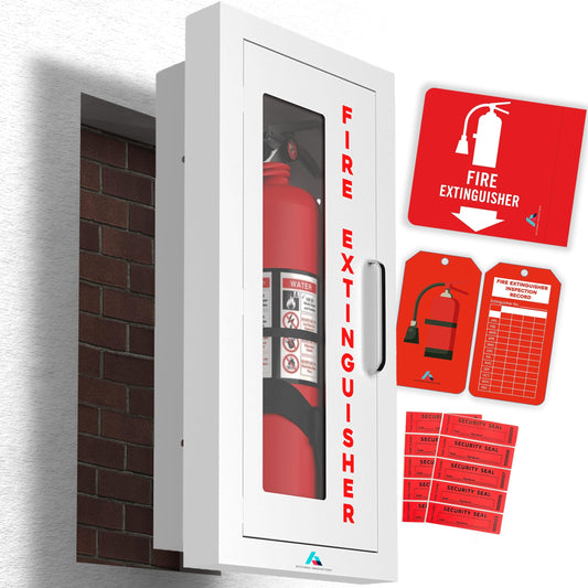 Ready-to-Deploy Semi-Recessed Fire Extinguisher Cabinet White | Heavy-Duty Steel Wall Mount Box | for 5-10 lb Extinguishers | Includes Signage, Seals & Tags | No Extra Purchases Required