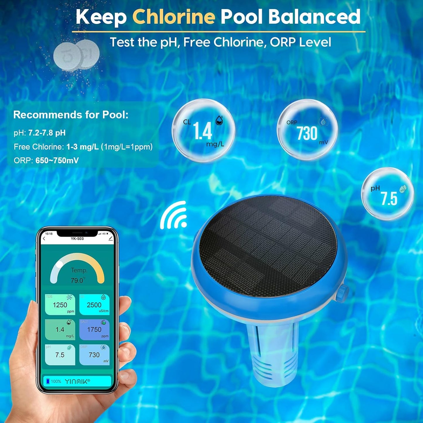 pH Pool Monitor, Smart pH and Chlorine Tester for Swimming Pool, Salt Water Pool 7 in 1 pH Chlorine Salinity ORP EC TDS Temp Monitor for Inground