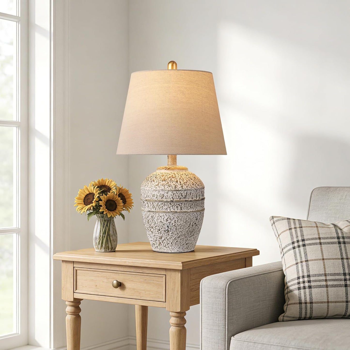 Rustic Farmhouse Table lamp for Living Room Bedroom, Modern Ceramic Bedside Lamp with Linen Shade, Grey