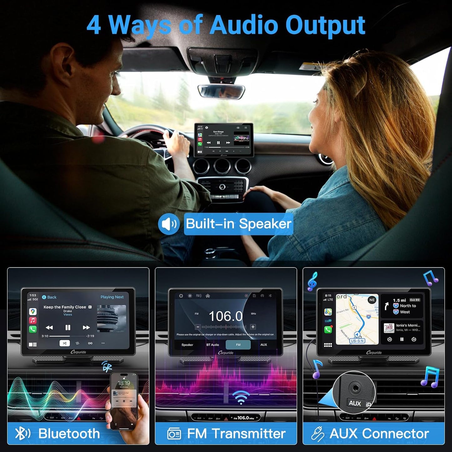 W703 Wireless CarPlay for Apple CarPlay & Android Auto, 7'; IPS Portable Car Audio Receivers with 4K Front and 1080P Backup Cam, Loop