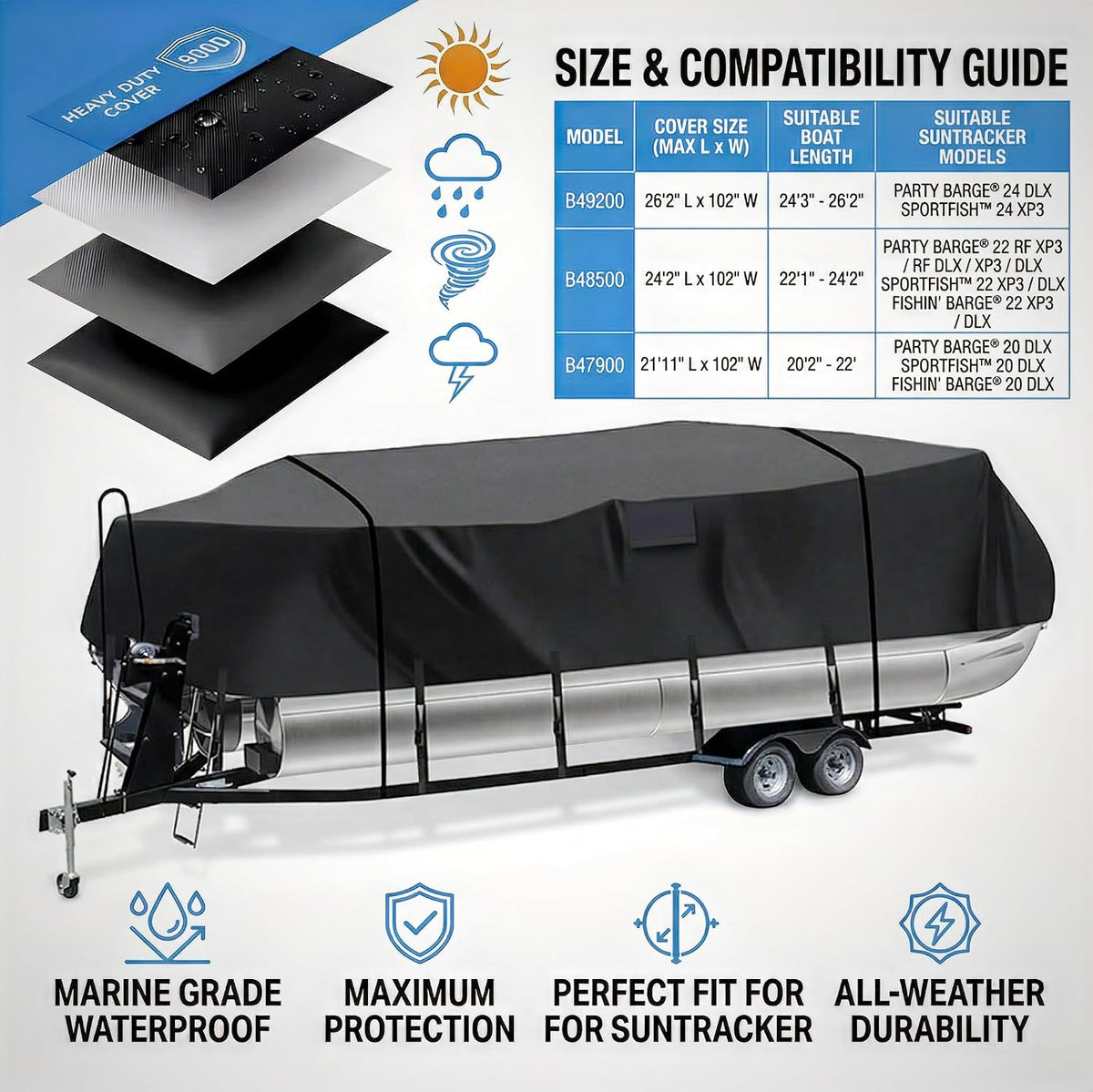 Heavy Duty 900D PU Pontoon Boat Cover, 22'1''-24'2 Trailerable Marine Grade