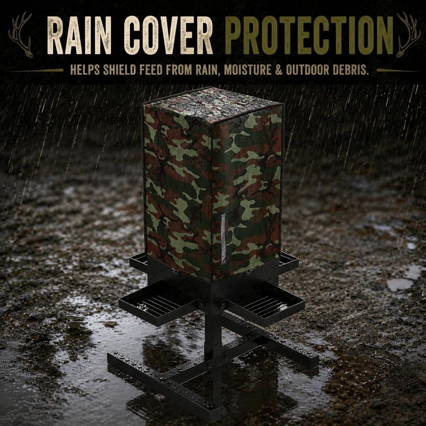 50 lbs Deer Feeder with 4 Feeding Tray, Gravity Deer Feeder with Adjustable Feed Outlet, View Window, Weatherproof Camo Cover, Metal Deer Feeders for Woodland, Farm, Ranch & Hunting Grounds