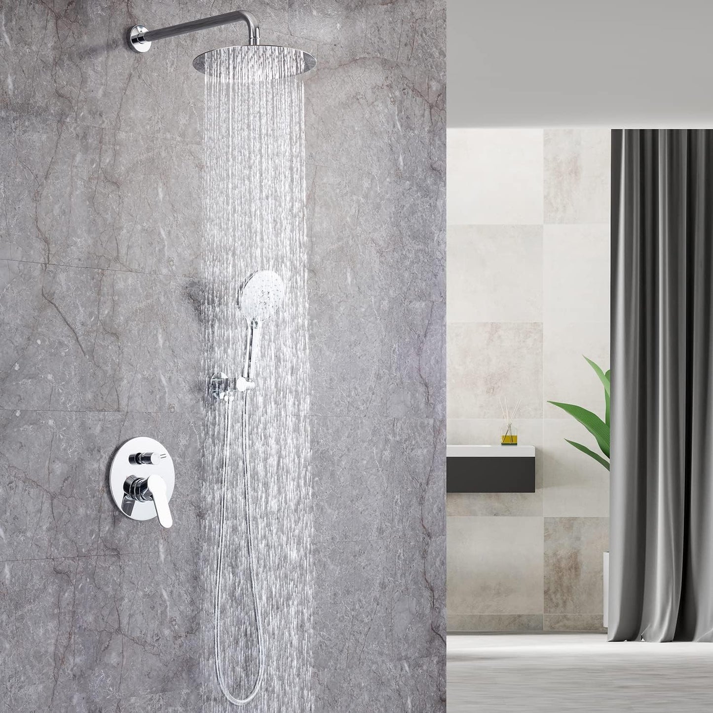 RUGUS Shower Faucet SetBathroom Rainfall Wall Mounted Shower System with Stainless Steel Metal 10 Inch Round Rain Showerhead,Shower Trim Kit with